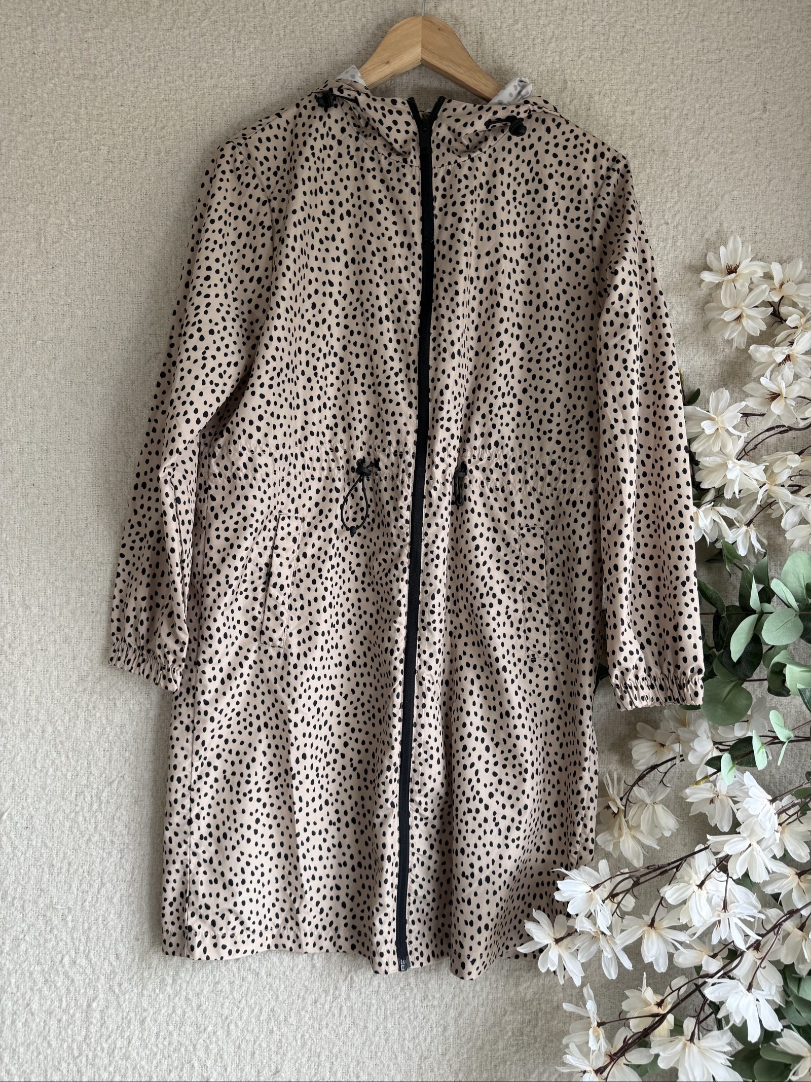 Tu Beige & Black Polka Dot Hooded Raincoat Lightweight Jacket UK Small S