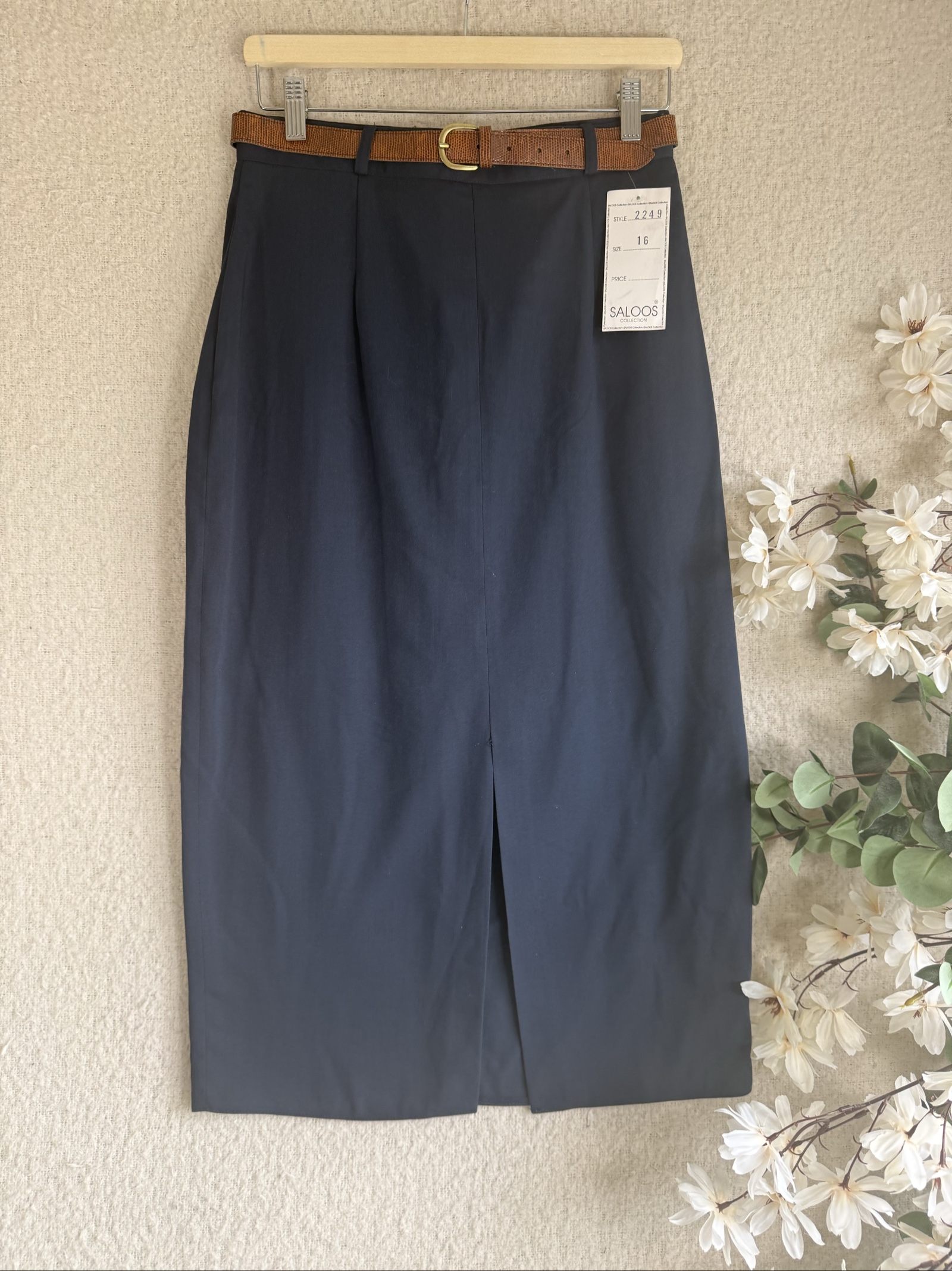 SALOOS Navy Pencil Skirt UK 16 with Brown Belt Classic Elegant Office Wear