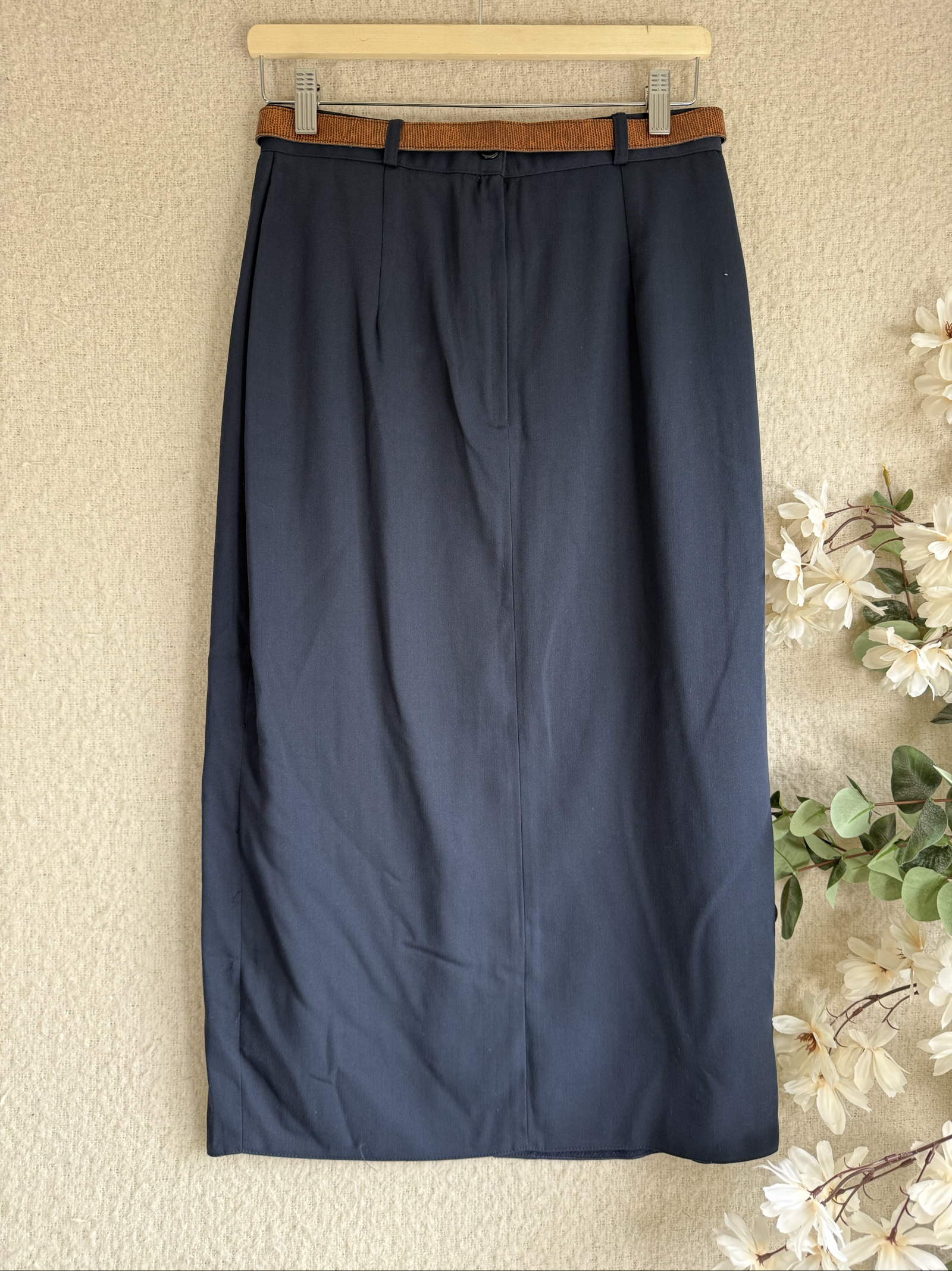 SALOOS Navy Pencil Skirt UK 16 with Brown Belt Classic Elegant Office Wear image 5