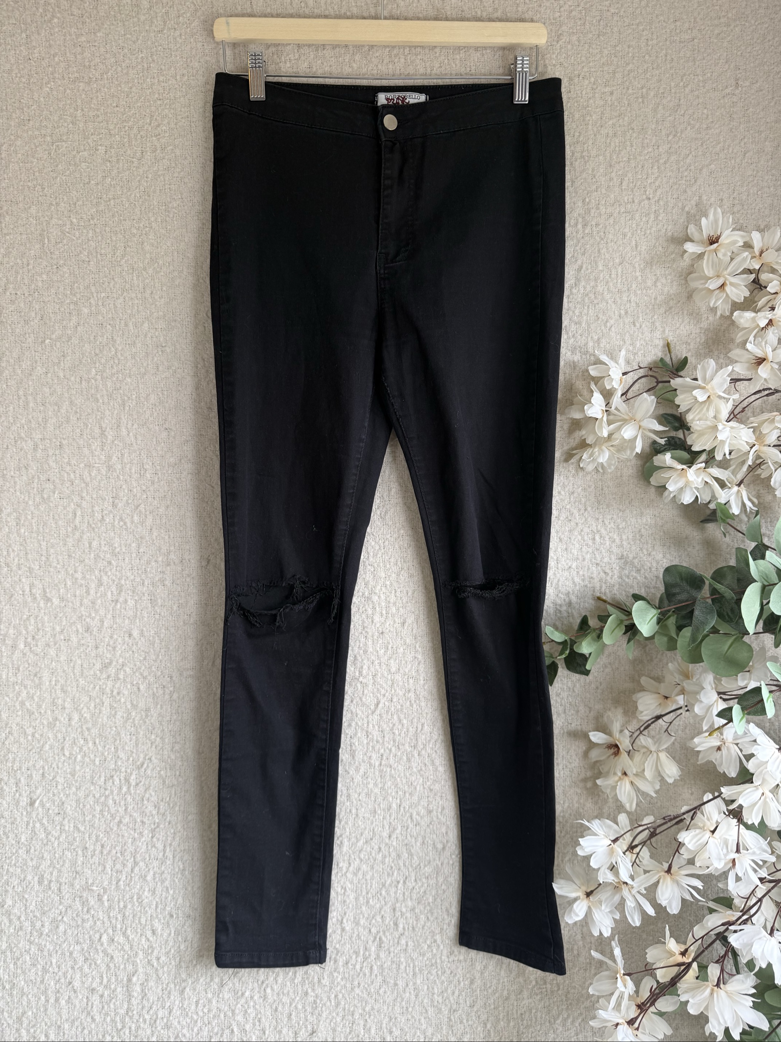 Portobello Punk Black Ripped Skinny Jeans UK 14 Distressed Fit Trousers