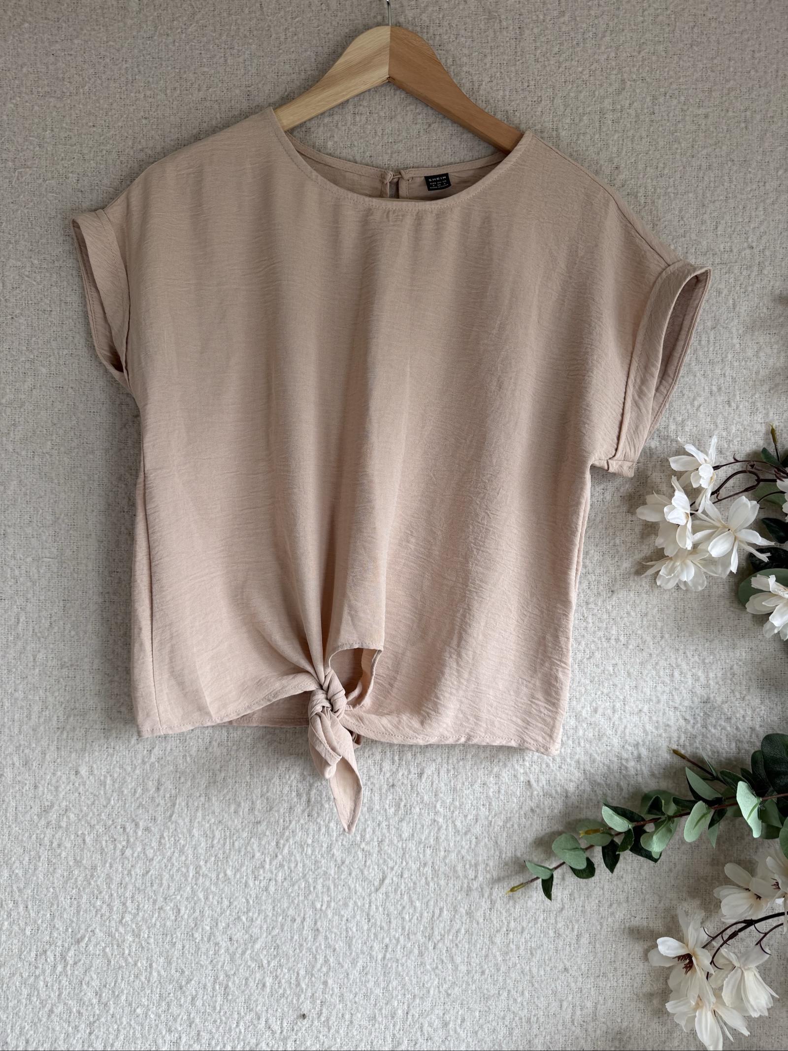 Shein Beige Knot Front Short Sleeve Top UK Small Chic Lightweight Blouse