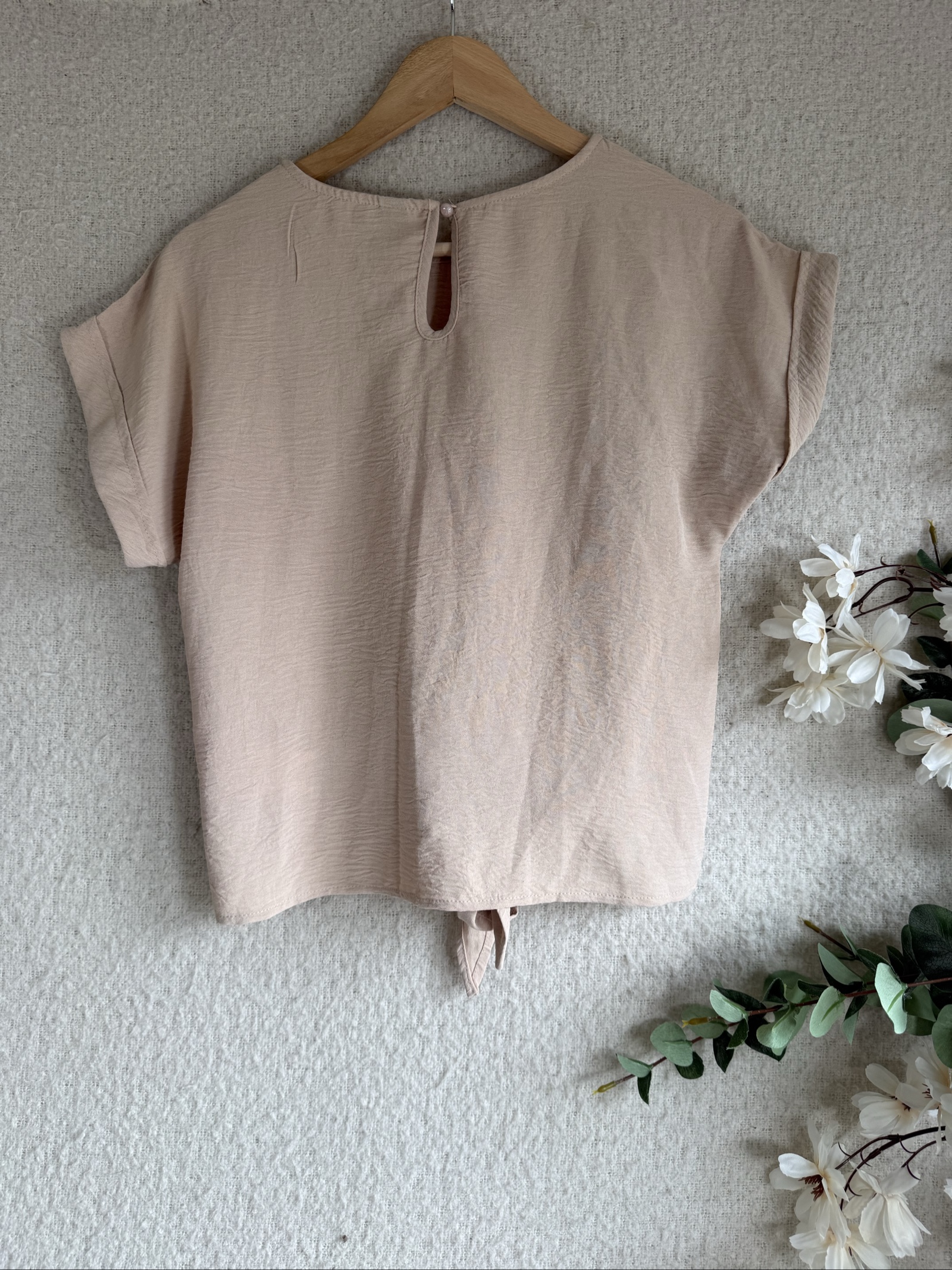 Shein Beige Knot Front Short Sleeve Top UK Small Chic Lightweight Blouse image 4