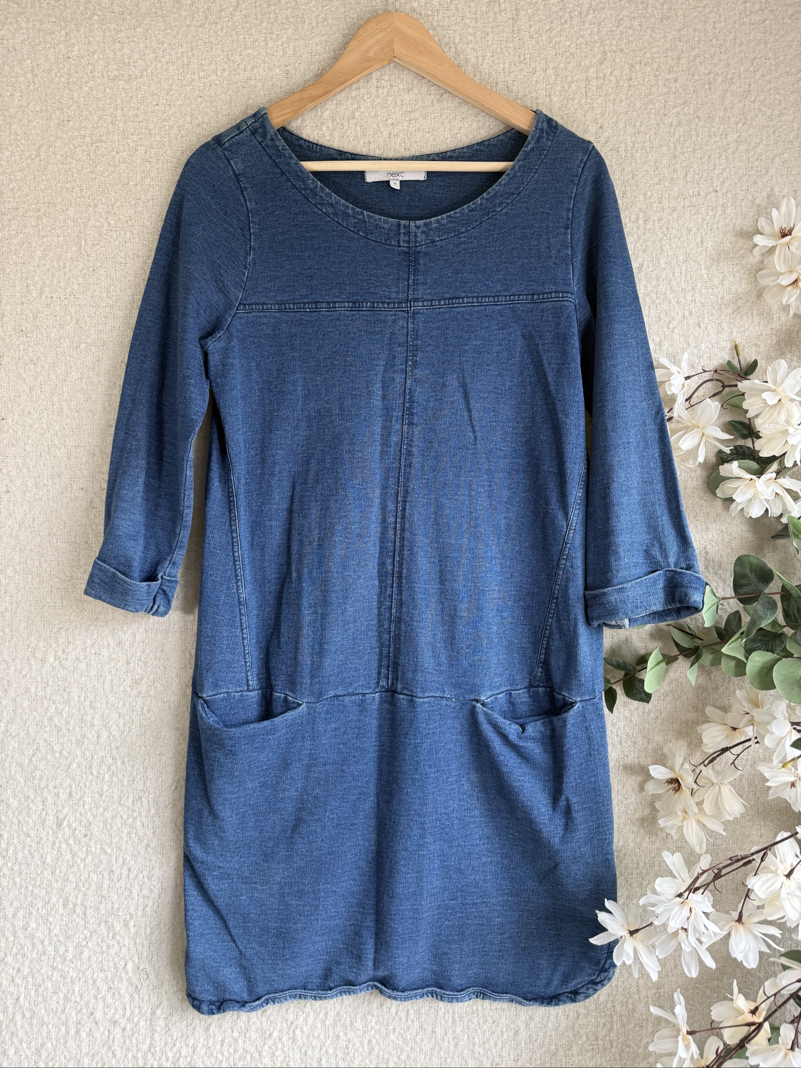 Next Blue Denim Effect Casual Scoop Neck Dress UK 10 Relaxed Fit Pockets