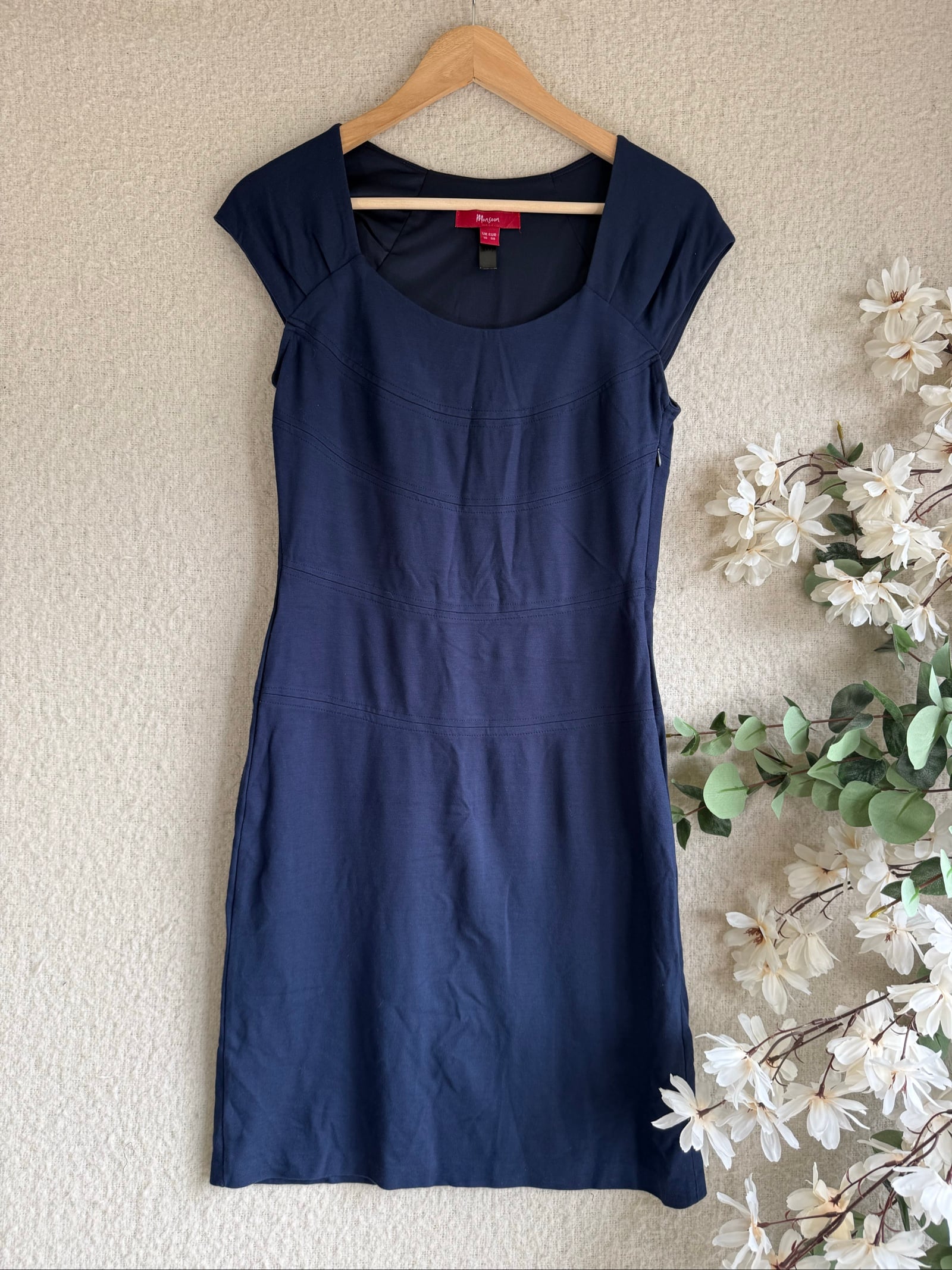 Monsoon Navy Blue Cap Sleeve Dress UK 10 Classic Summer Casual Midi