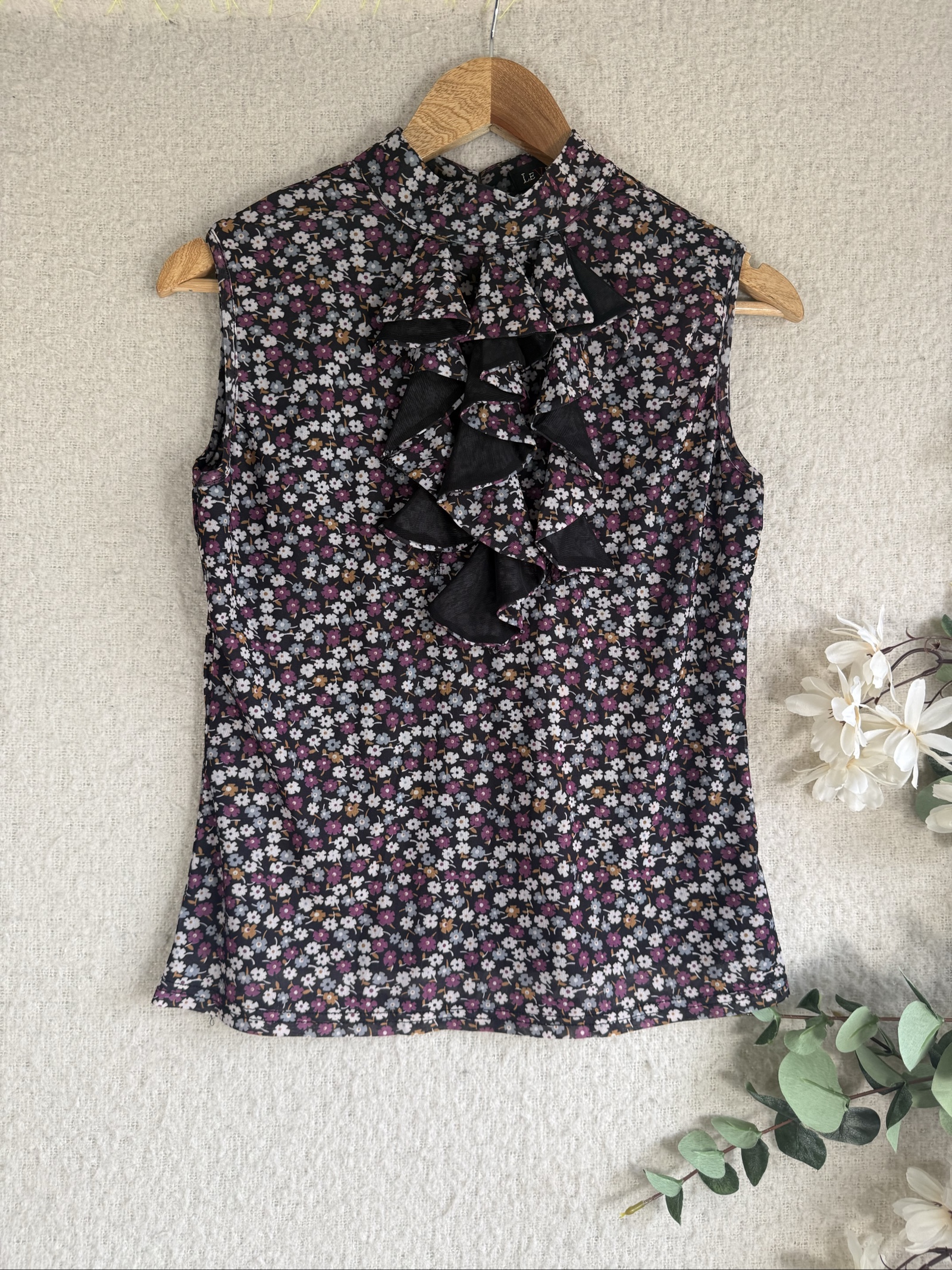 Level Floral Print Sleeveless Ruffle Blouse Black Pink UK 14 Stylish Top