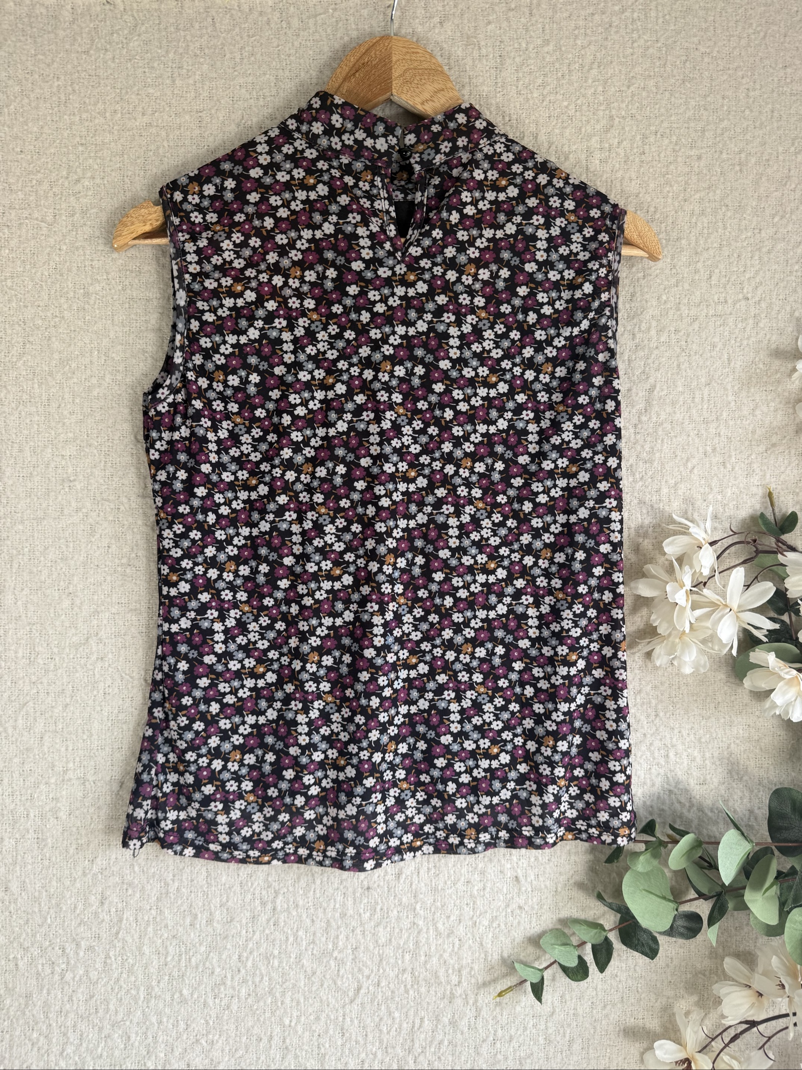Level Floral Print Sleeveless Ruffle Blouse Black Pink UK 14 Stylish Top image 6