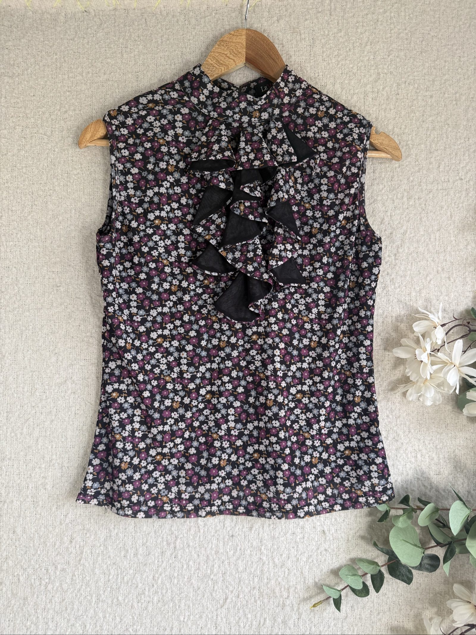 Level Black Floral Ruffle Sleeveless Blouse UK 8 Elegant Summer Top