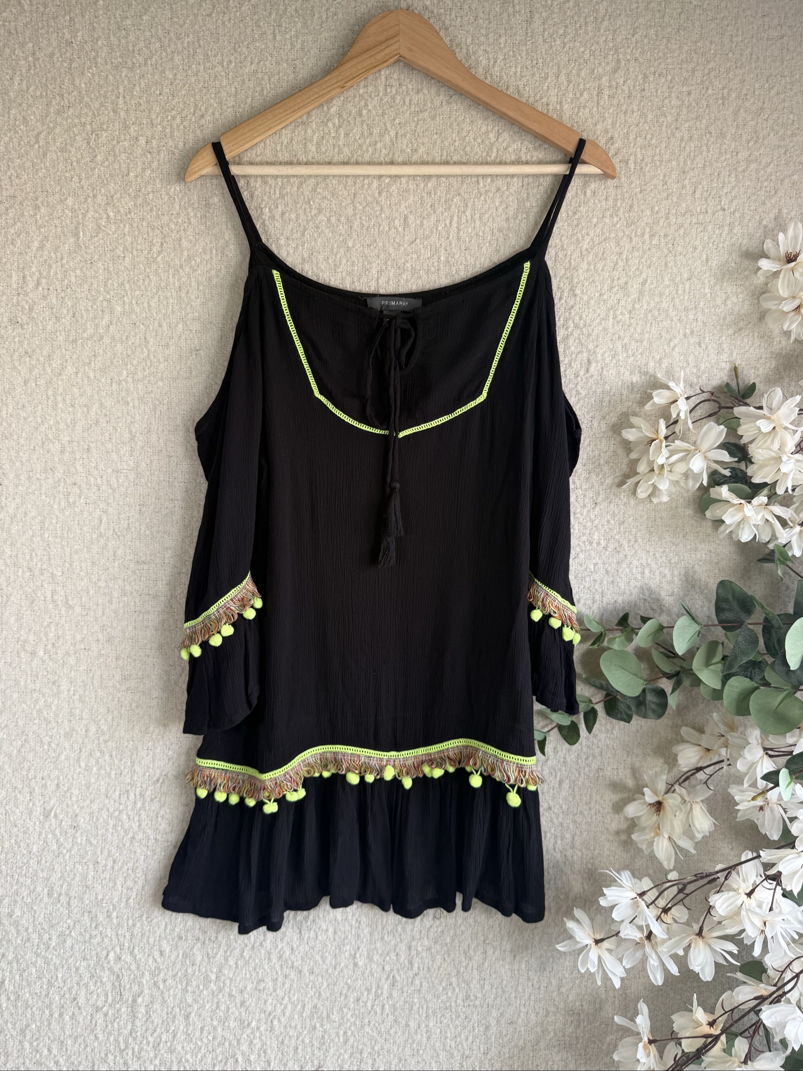 Primark Black Cold Shoulder Pom Pom Trim Tie Neck Top Medium Stylish Summer