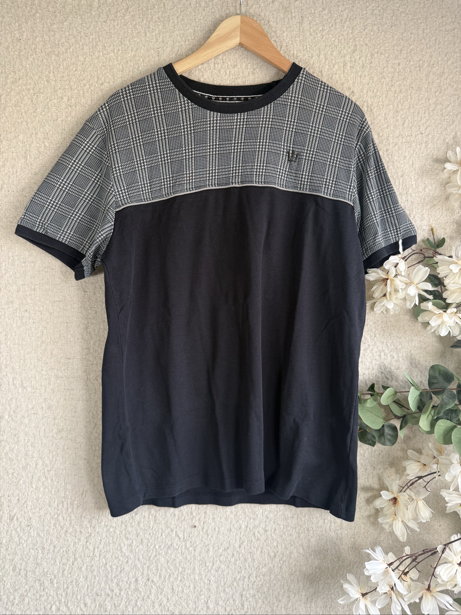 Next Black Grey Check Panel T-Shirt Large Casual Streetwear Classic Style