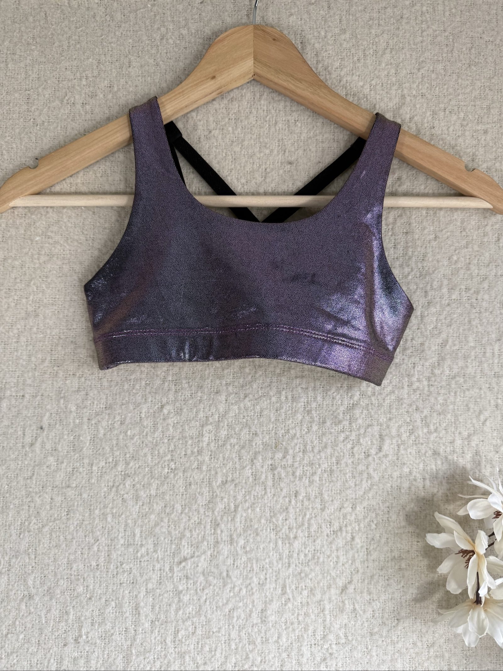 Old Navy Purple Metallic Sports Bra Medium Cross Back Activewear Gym Top