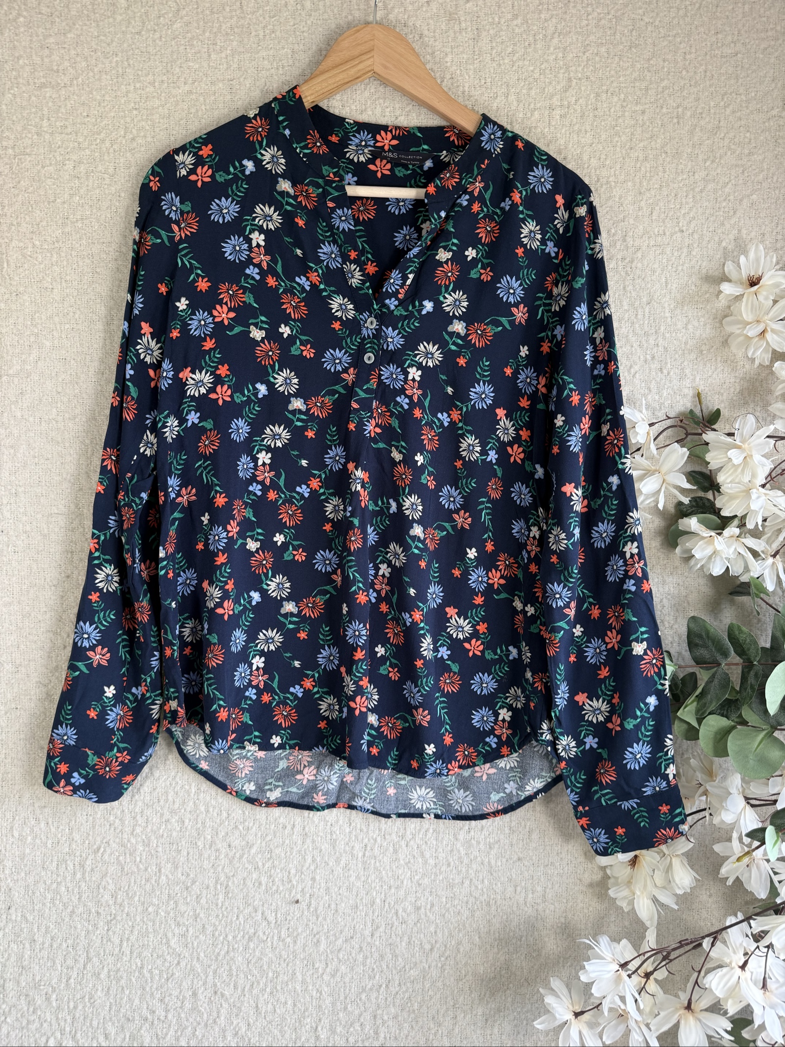 M&S Navy Floral Long Sleeve Shirt Top UK 10 Elegant Casual Blouse