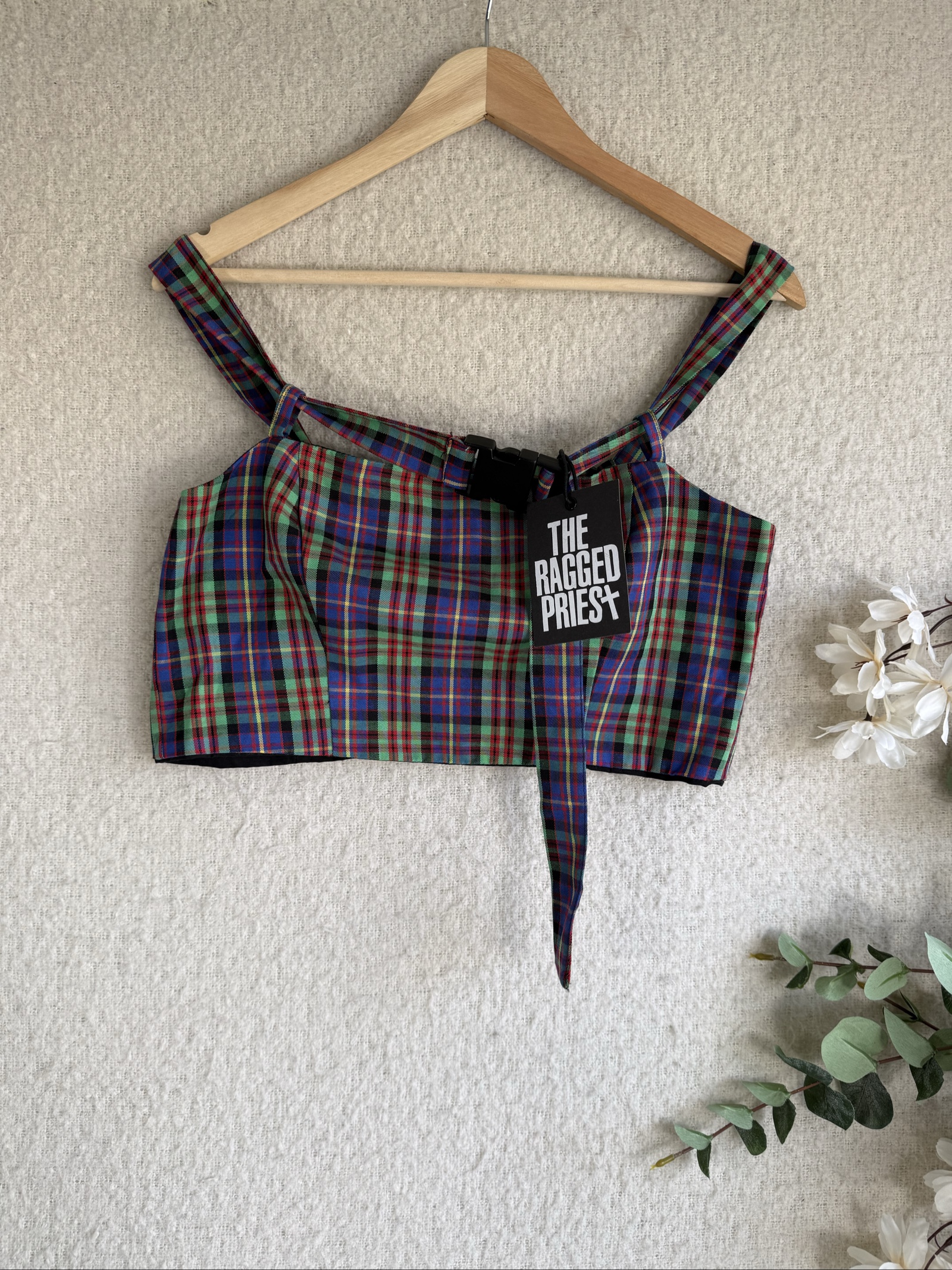 The Ragged Priest Green & Blue Tartan Crop Top UK Medium Trendy Buckle Detail
