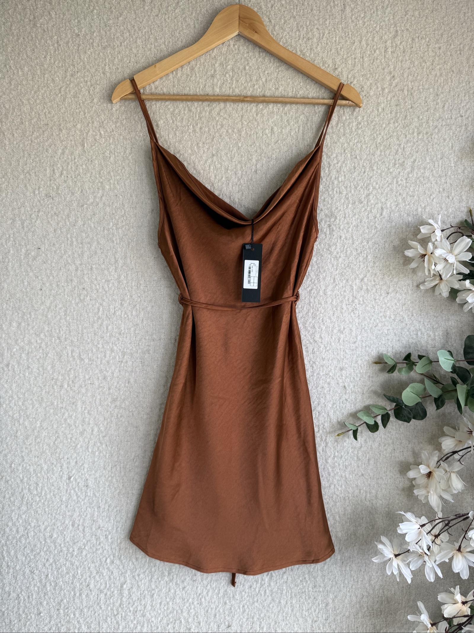 Motel Brown Cowl Neck Slip Dress UK XXS Satin Rust Elegant Summer Party