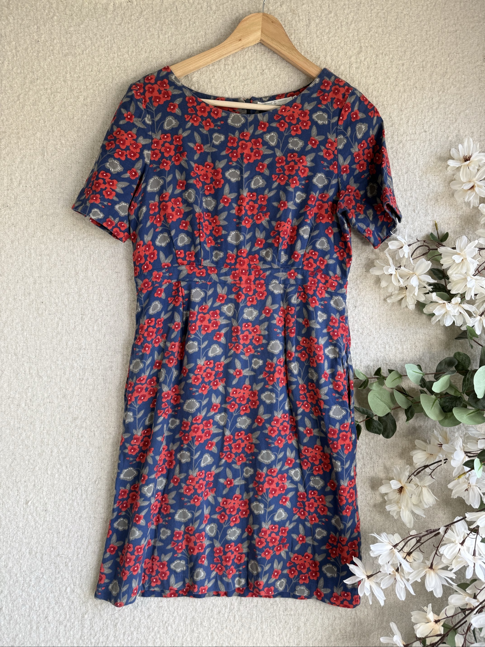 Seasalt Cornwall Blue & Red Floral Dress UK 10 Short Sleeve Casual Elegant