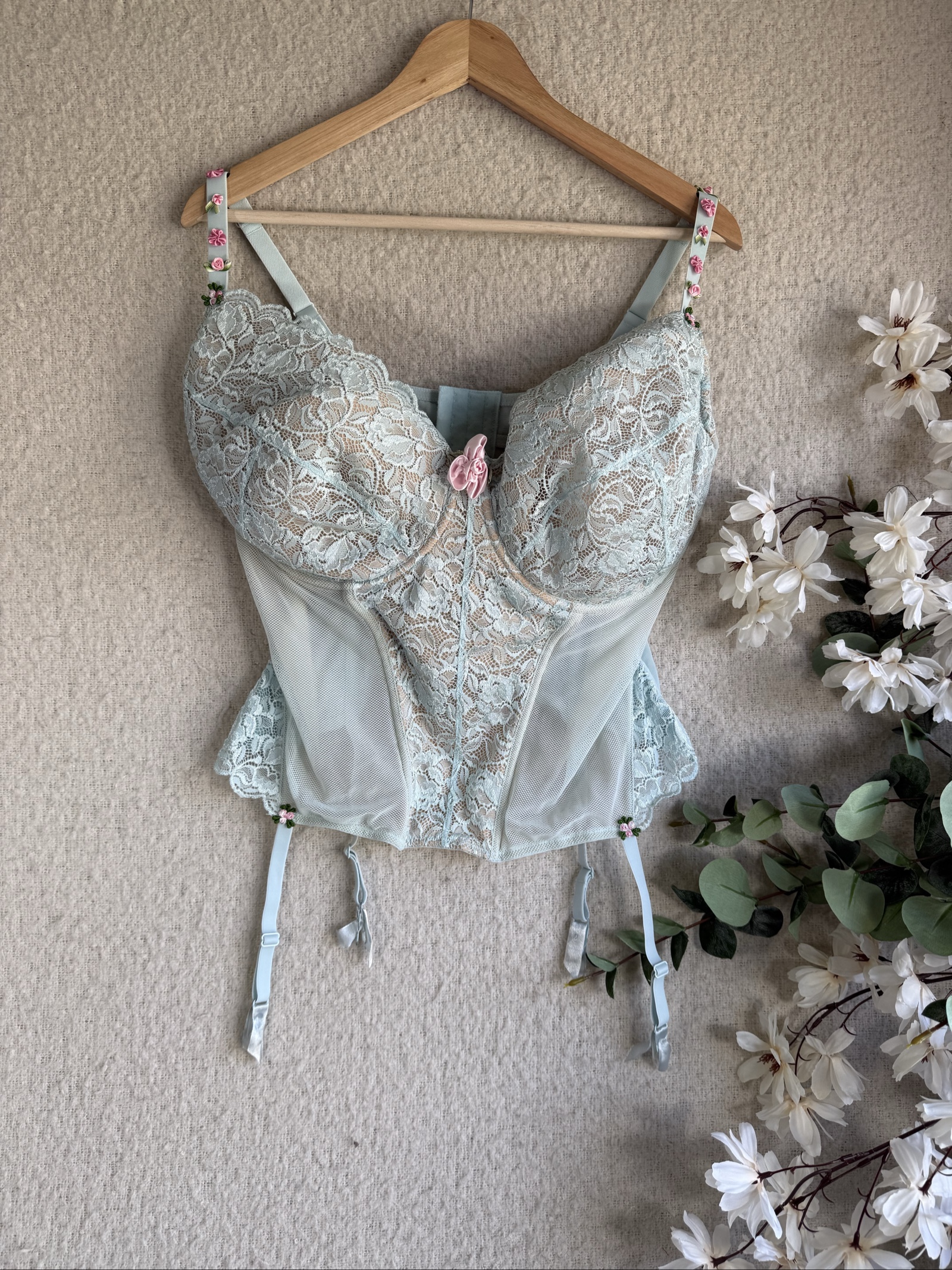 Blue Lace Corset Top 42F Floral Embroidered Bra with Adjustable Straps UK 42F