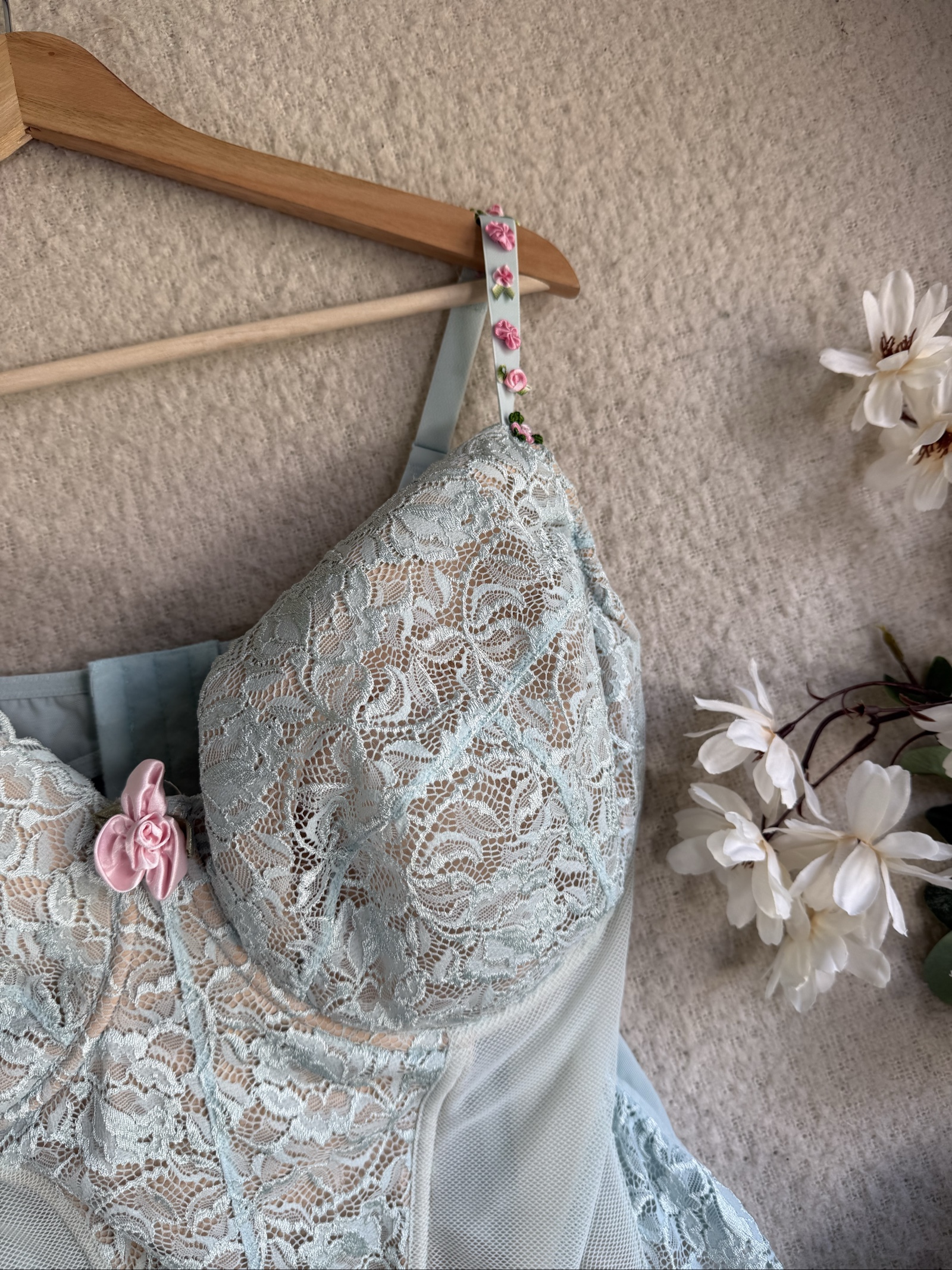 Blue Lace Corset Top 42F Floral Embroidered Bra with Adjustable Straps UK 42F image 2