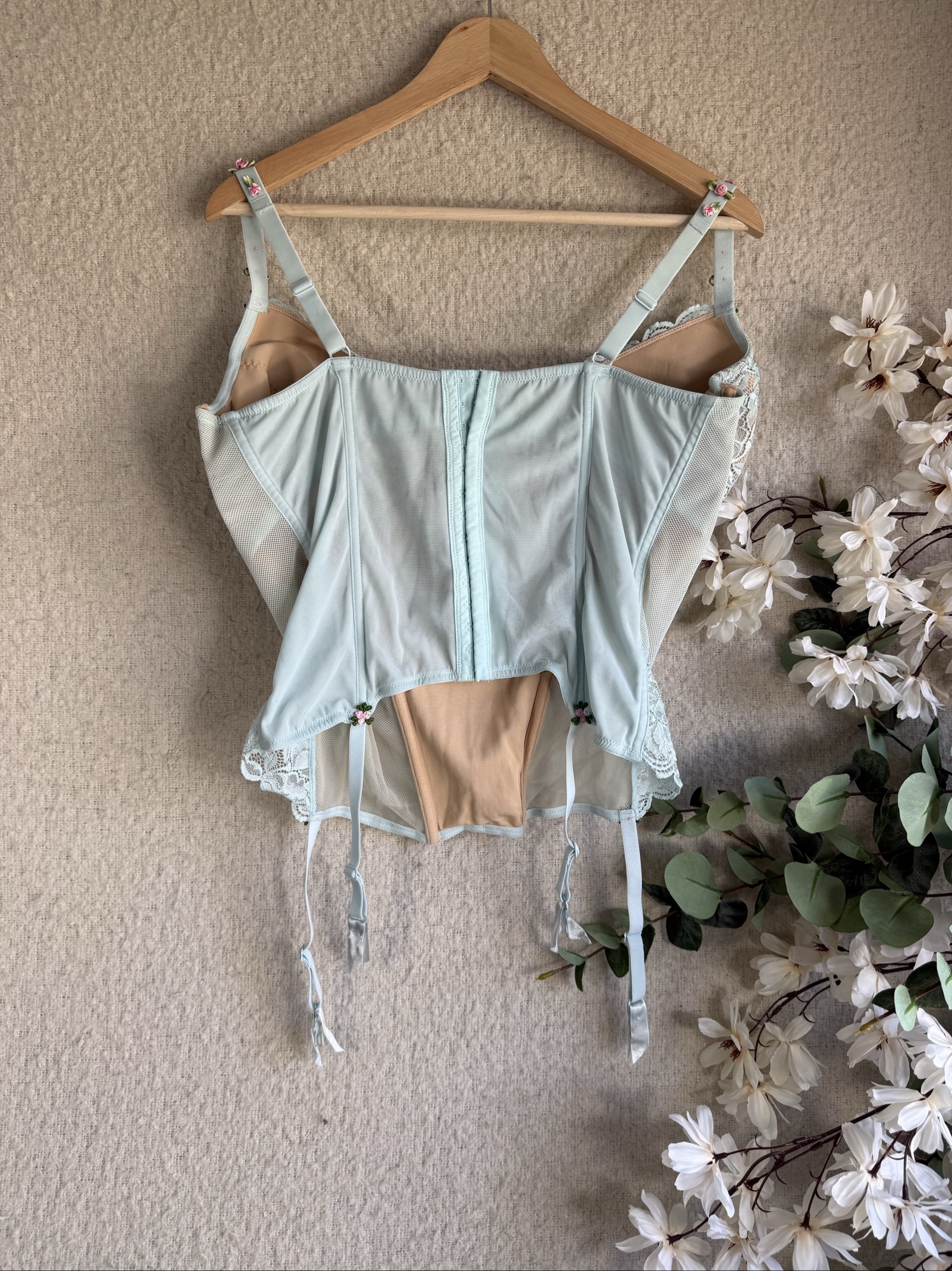 Blue Lace Corset Top 42F Floral Embroidered Bra with Adjustable Straps UK 42F image 6