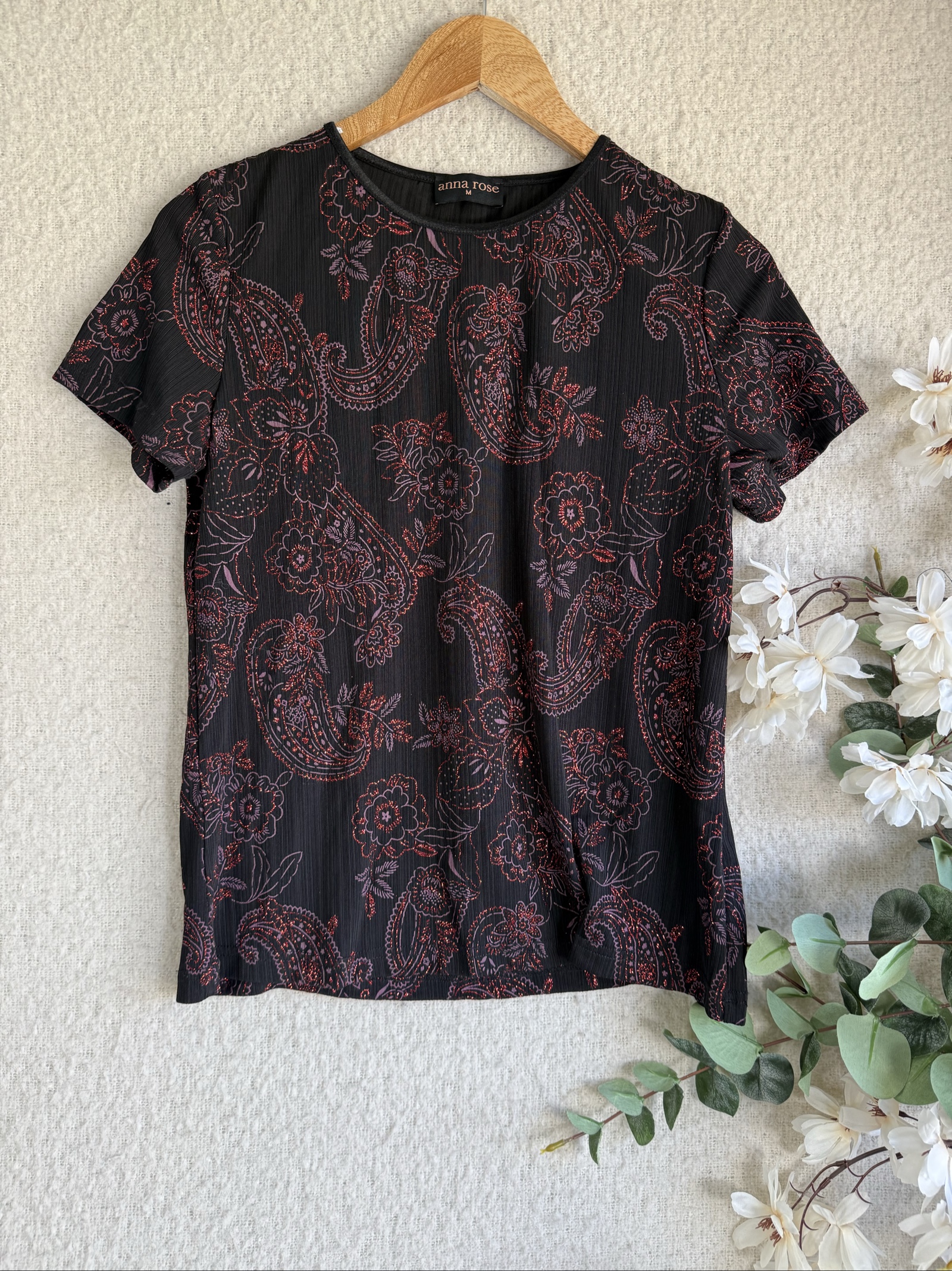 Anna Rose Black & Red Floral Paisley Print Short Sleeve Top UK M Stylish Blouse