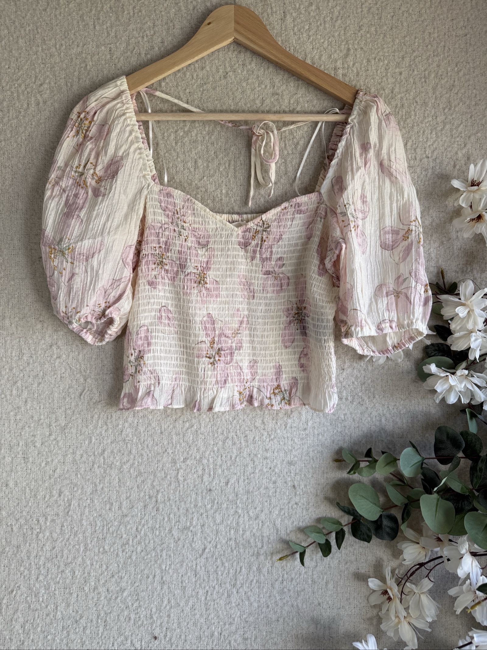 H&M Cream & Pink Floral Puff Sleeve Crop Top UK Medium Summer Casual Chic