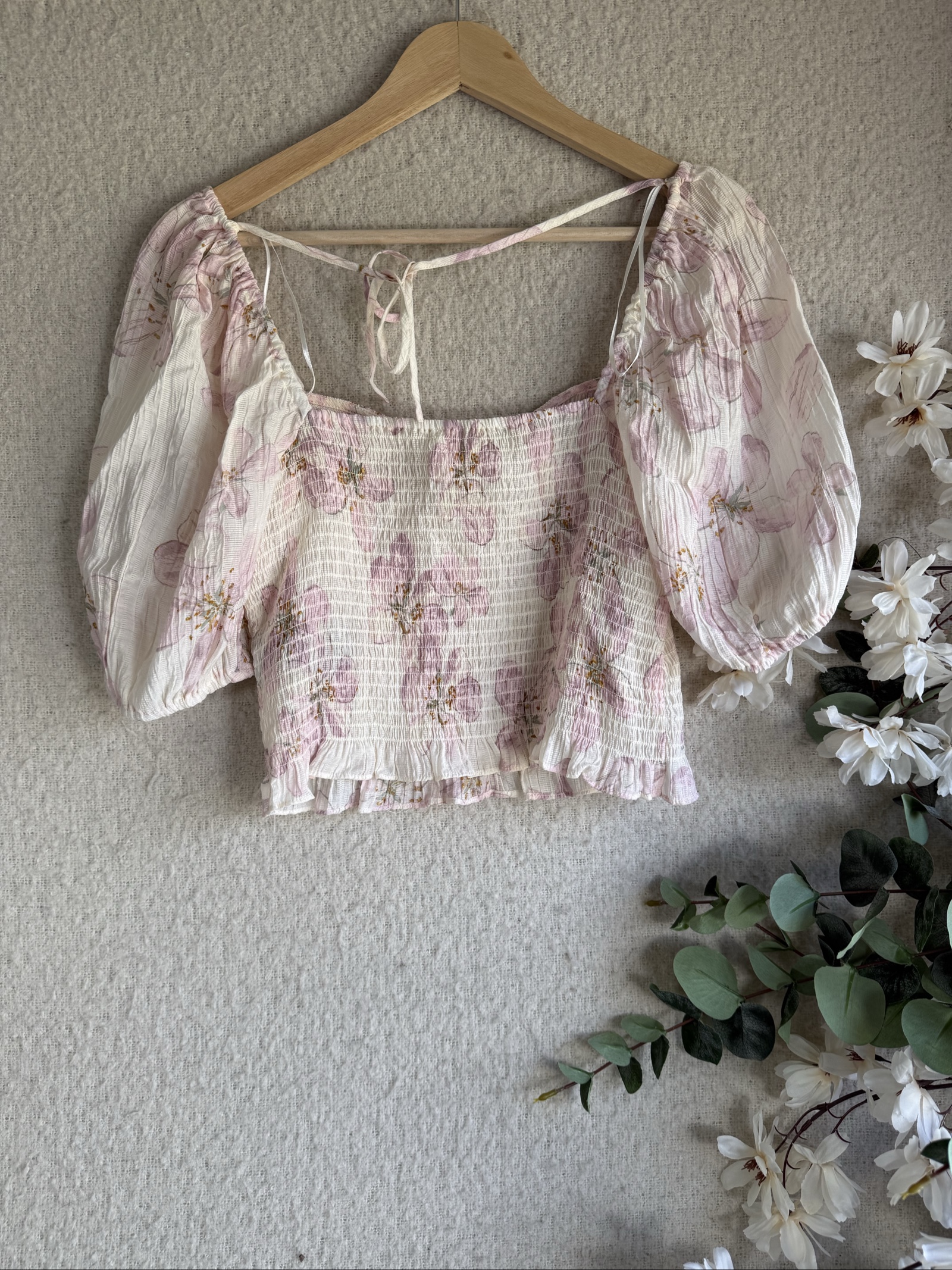 H&M Cream & Pink Floral Puff Sleeve Crop Top UK Medium Summer Casual Chic image 4