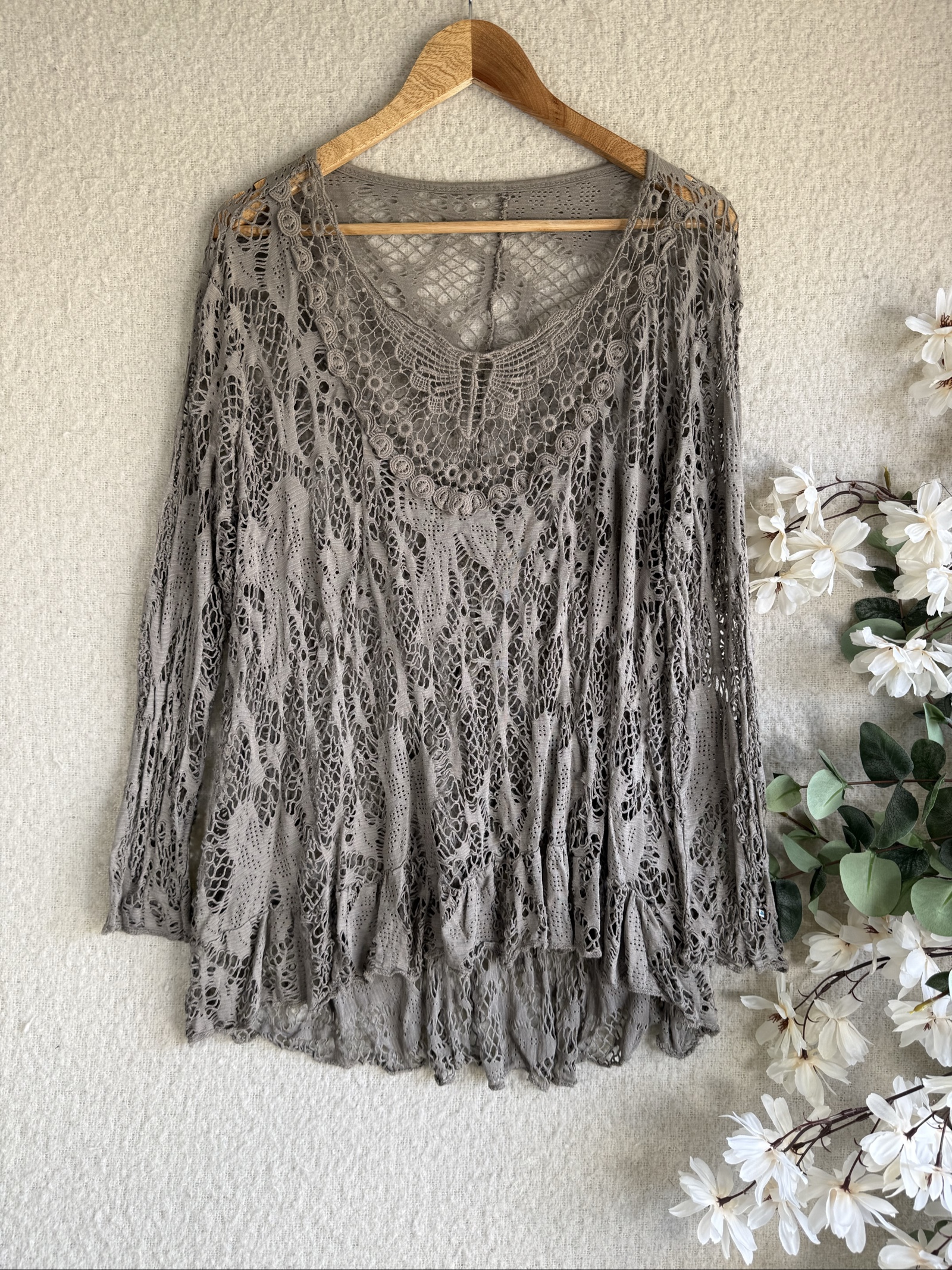 Unbranded Grey Crochet Long Sleeve Top UK Small Lightweight Boho Chic