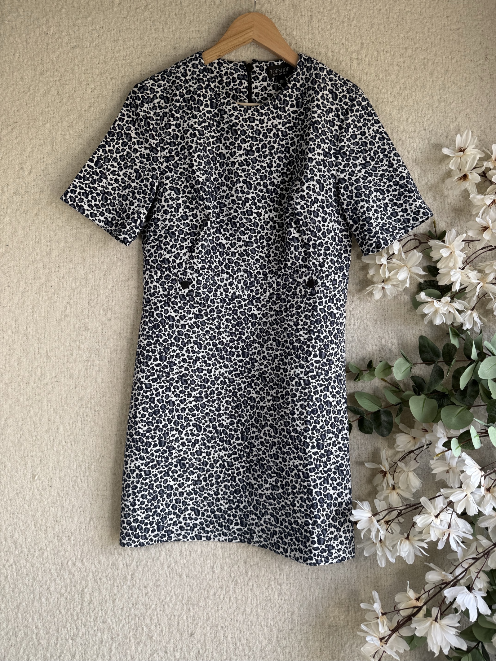 Topshop Black & White Leopard Print Dress UK 12 Short Sleeve Chic