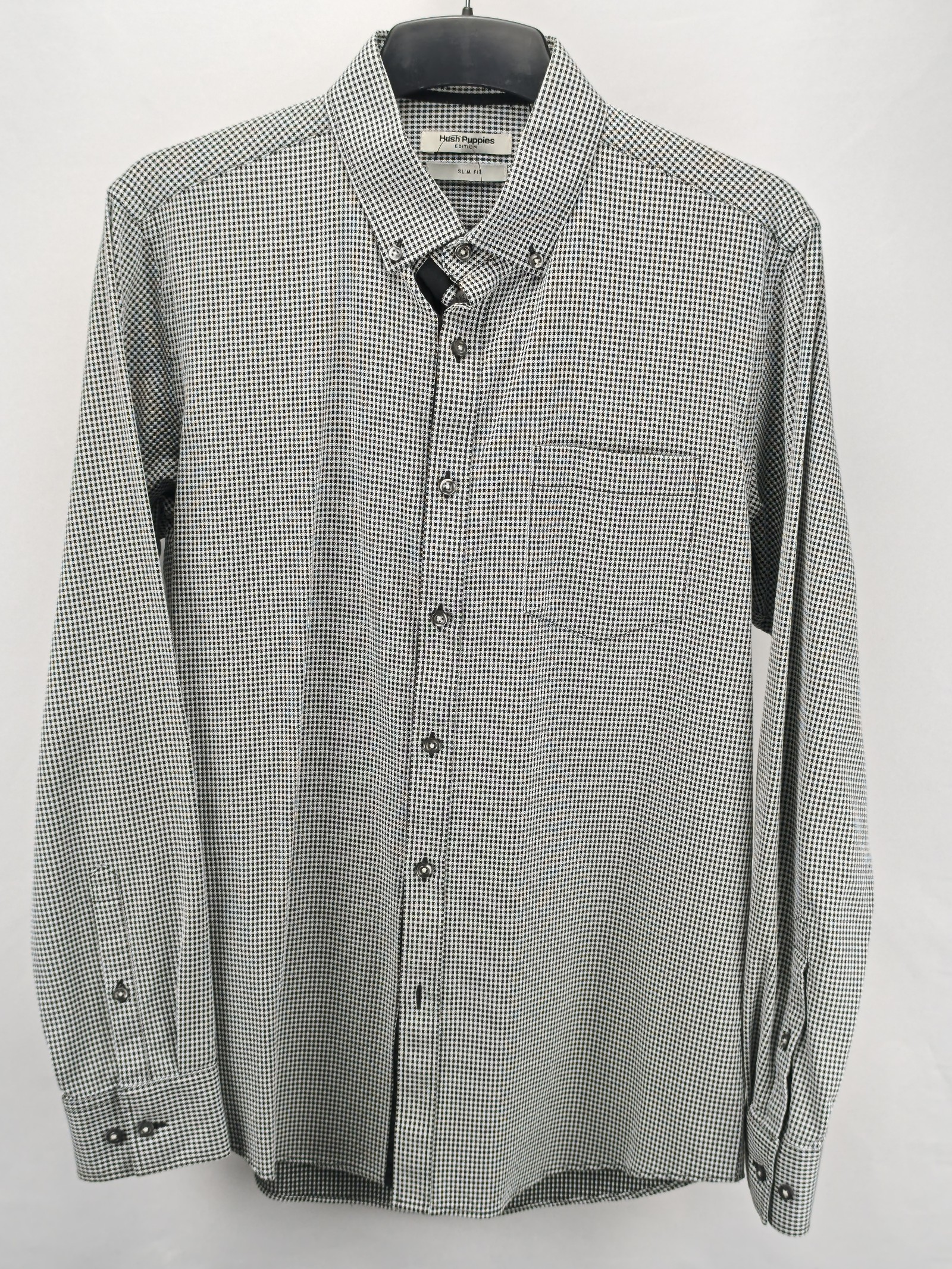 Hush Puppies Slim Fit Herren Hemd L 16 Schwarz Weiß Micro-Check Button-Down