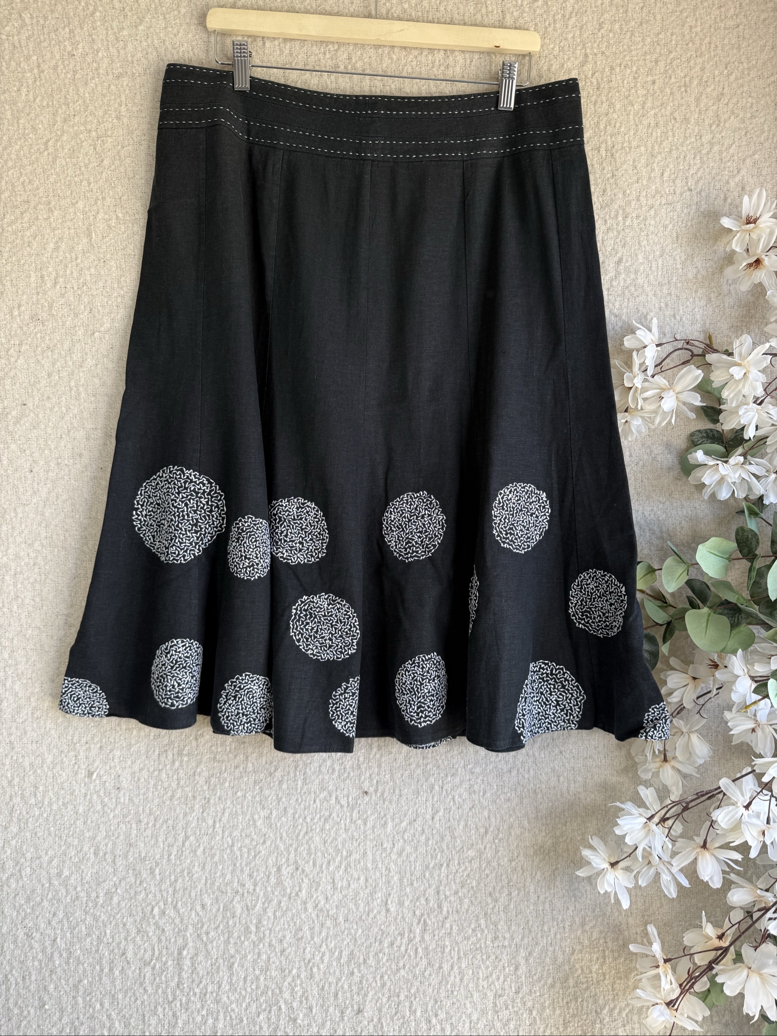 Marks & Spencer Black Printed Linen Blend Midi Skirt UK 16 Summer Casual Chic