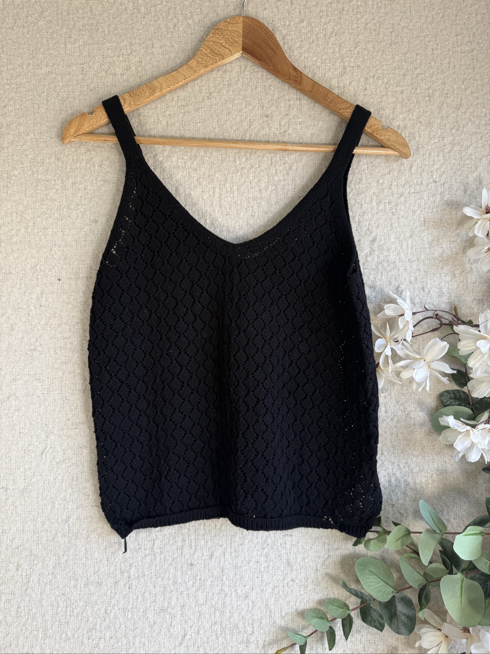 Primark Black Crochet Knit Cami Top UK 8 Stylish Lightweight Sleeveless Vest