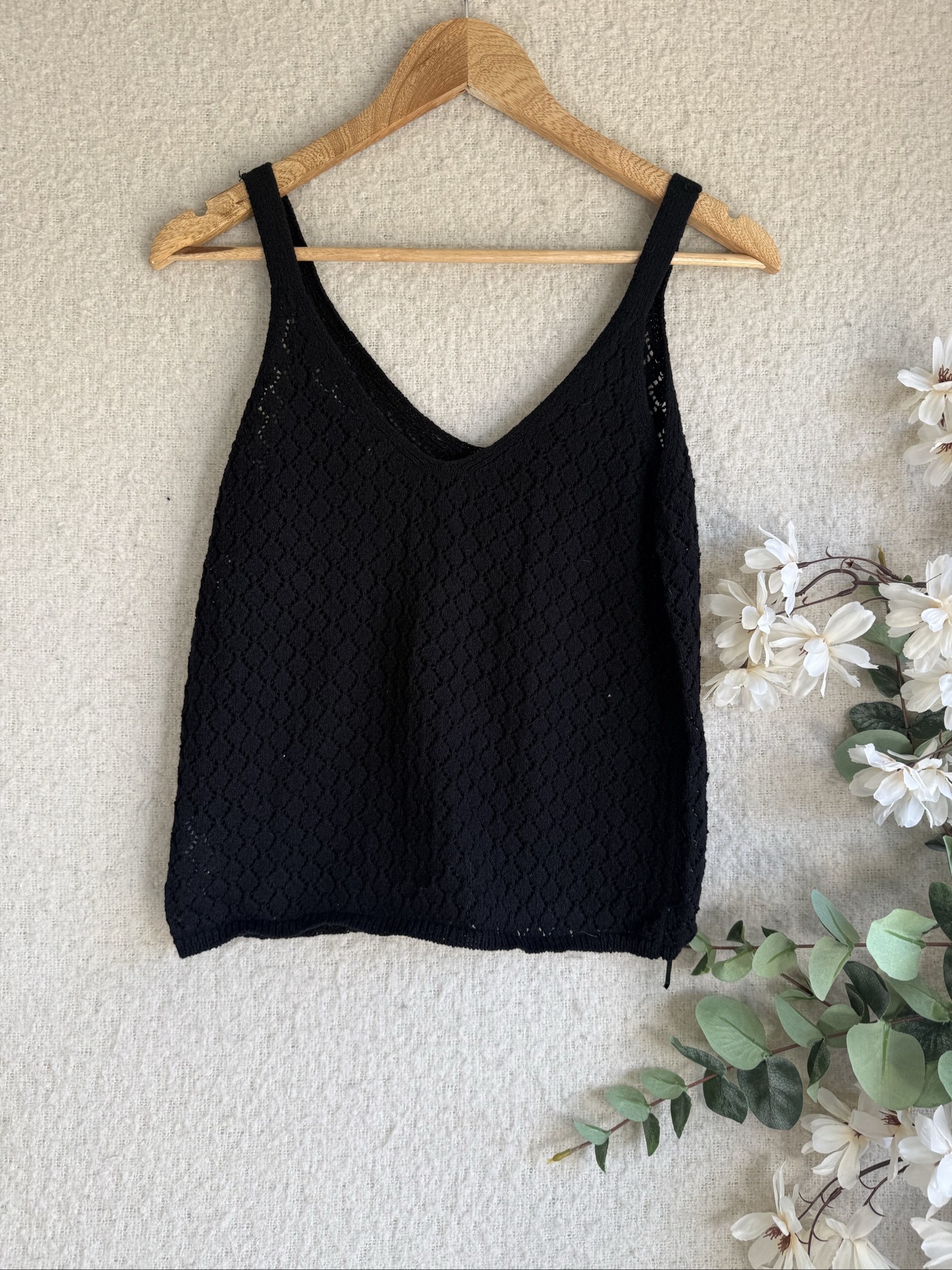Primark Black Crochet Knit Cami Top UK 8 Stylish Lightweight Sleeveless Vest image 4