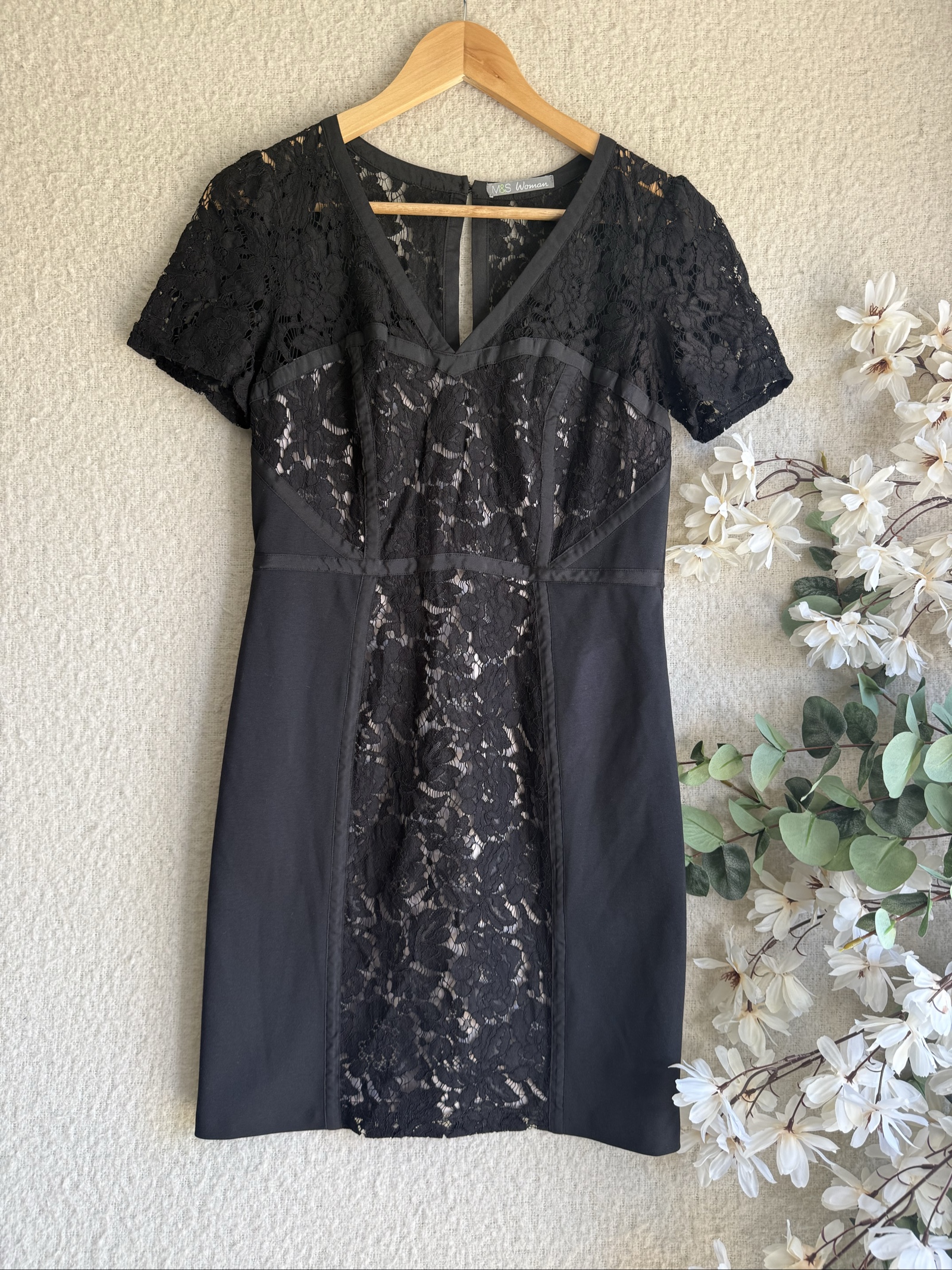 M&S Black Lace Detail V Neck Short Sleeve Dress UK 12 Stylish Occasion Wear