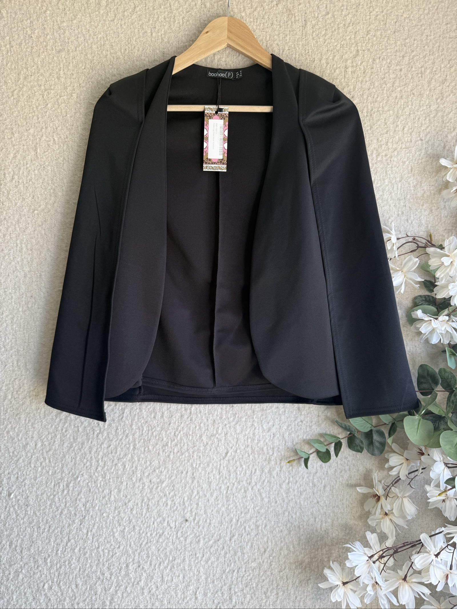 Boohoo Black Petite Open Front Blazer Jacket UK 6 Elegant Formal Coat