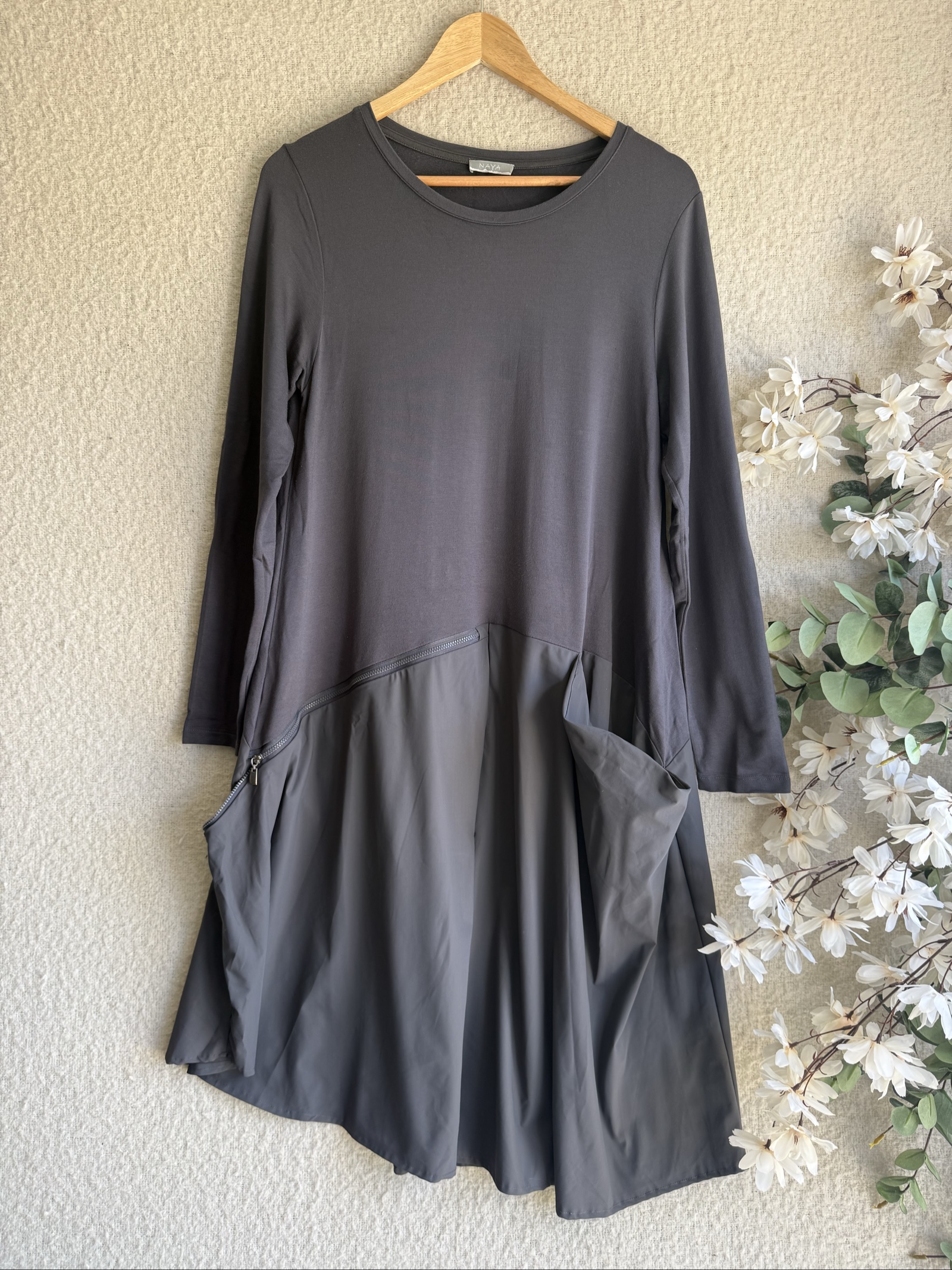 Naya Grey Long Sleeve Dress with Zipper Pockets Size L Stylish Everyday Wear
