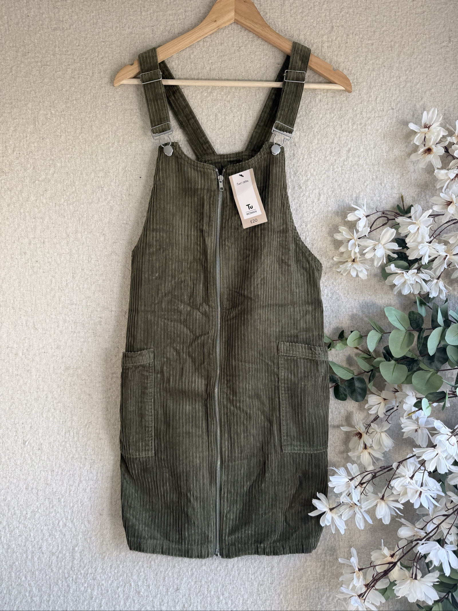 Tu Olive Green Corduroy Pinafore Dress UK 14 Zip Front Pocket Casual Style