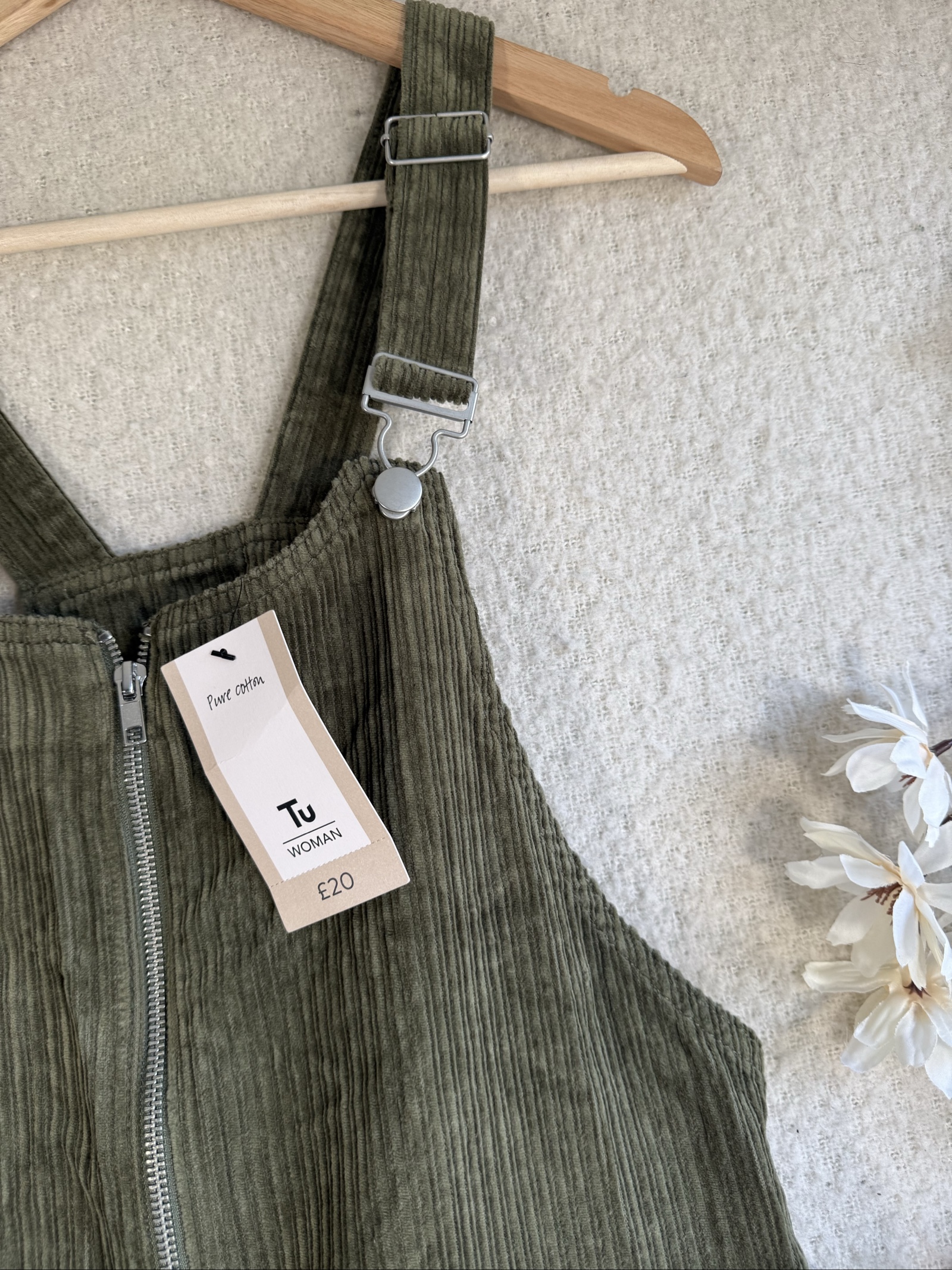 Tu Olive Green Corduroy Pinafore Dress UK 14 Zip Front Pocket Casual Style image 2