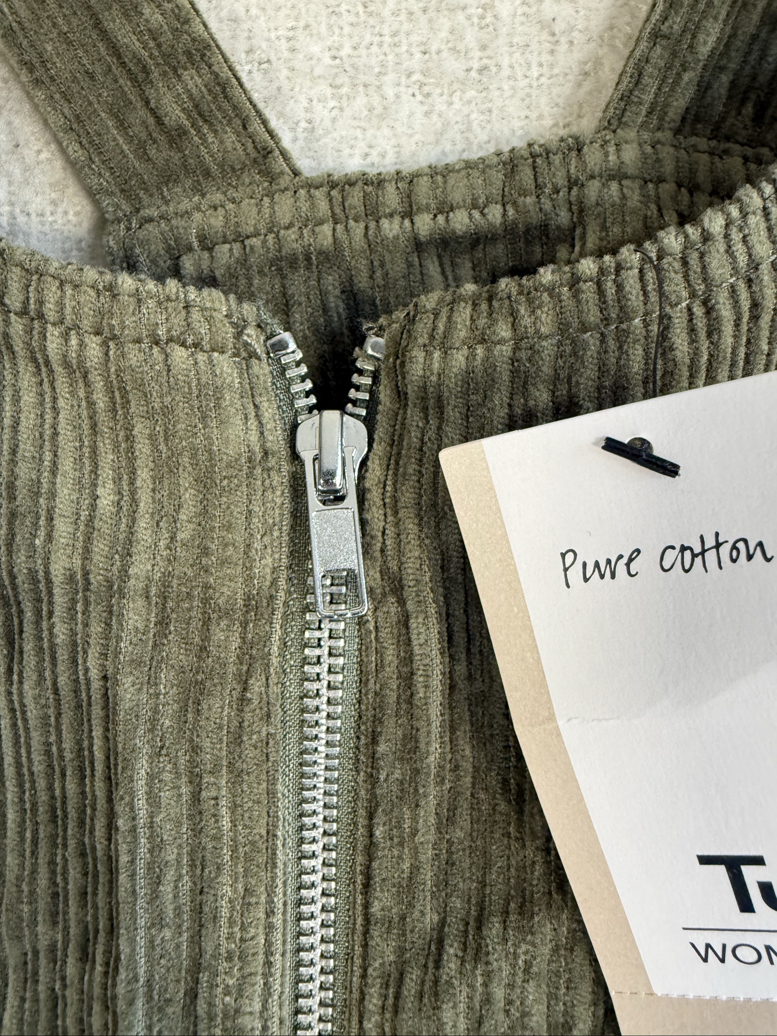 Tu Olive Green Corduroy Pinafore Dress UK 14 Zip Front Pocket Casual Style image 3