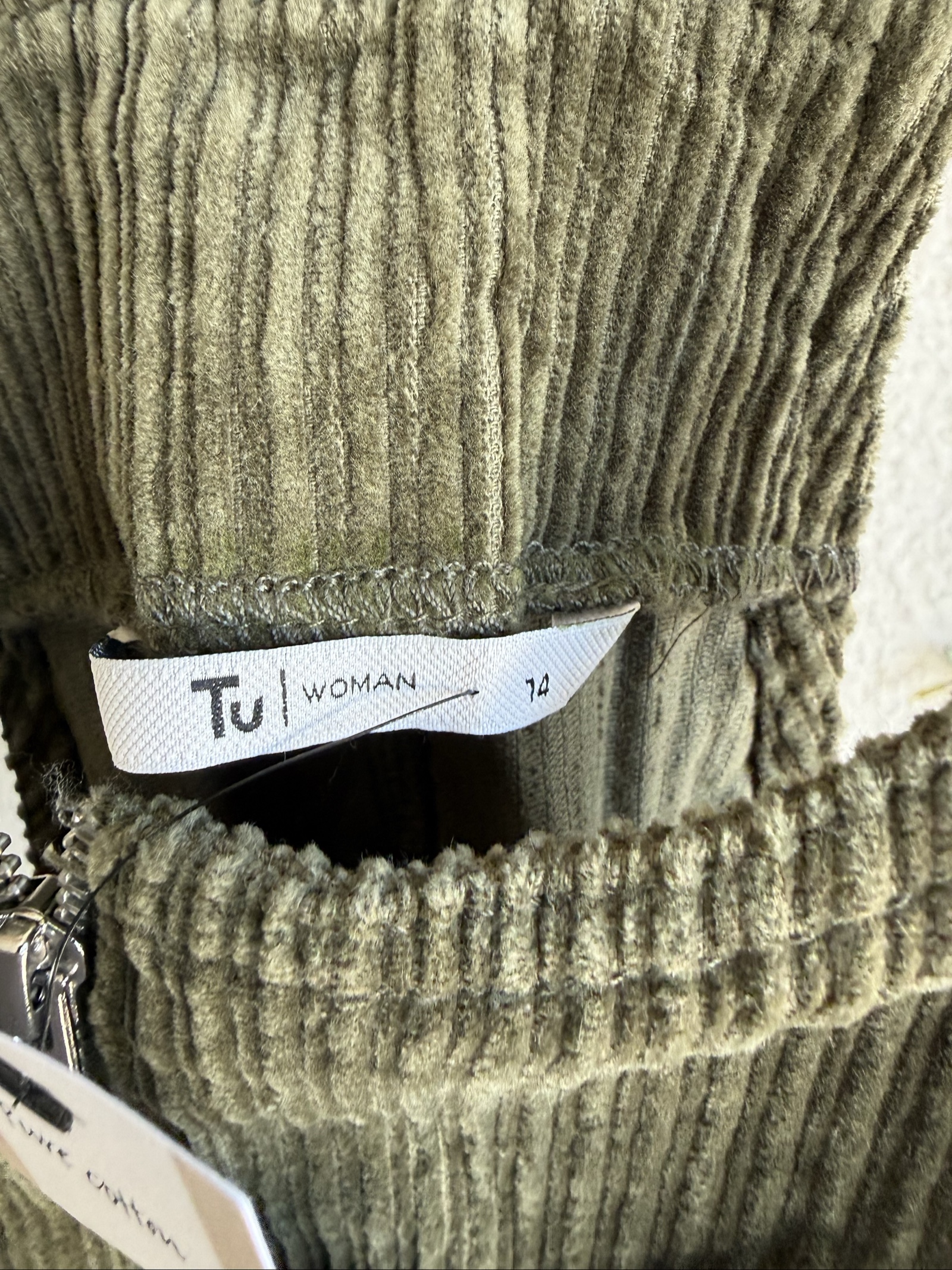 Tu Olive Green Corduroy Pinafore Dress UK 14 Zip Front Pocket Casual Style image 5