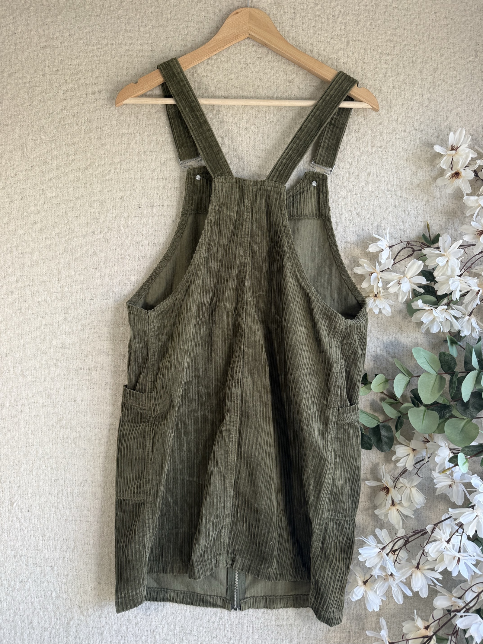 Tu Olive Green Corduroy Pinafore Dress UK 14 Zip Front Pocket Casual Style image 6