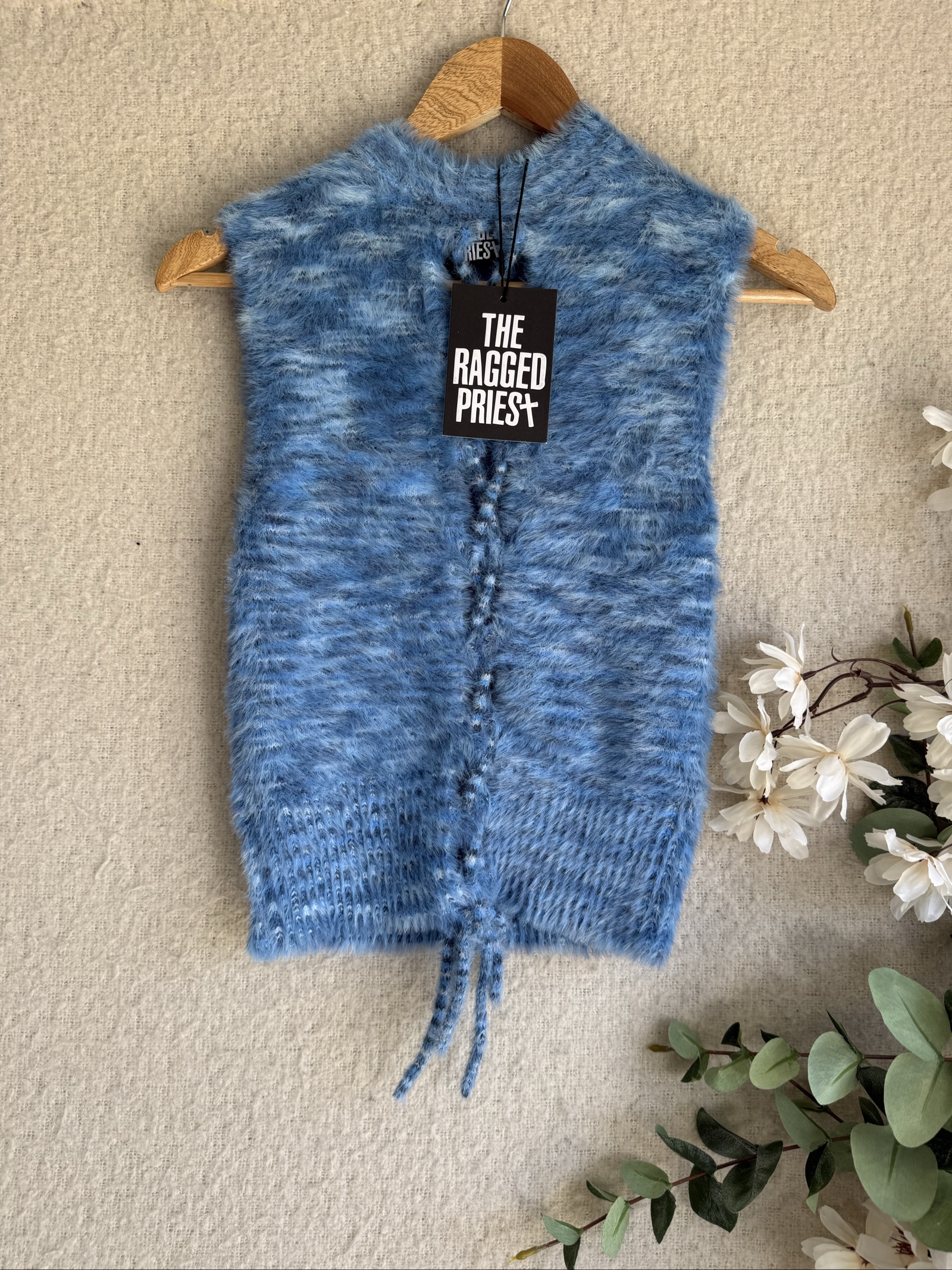 The Ragged Priest Blue Eyelash Lace Up Vest Top UK 14 Soft Knitwear Stylish