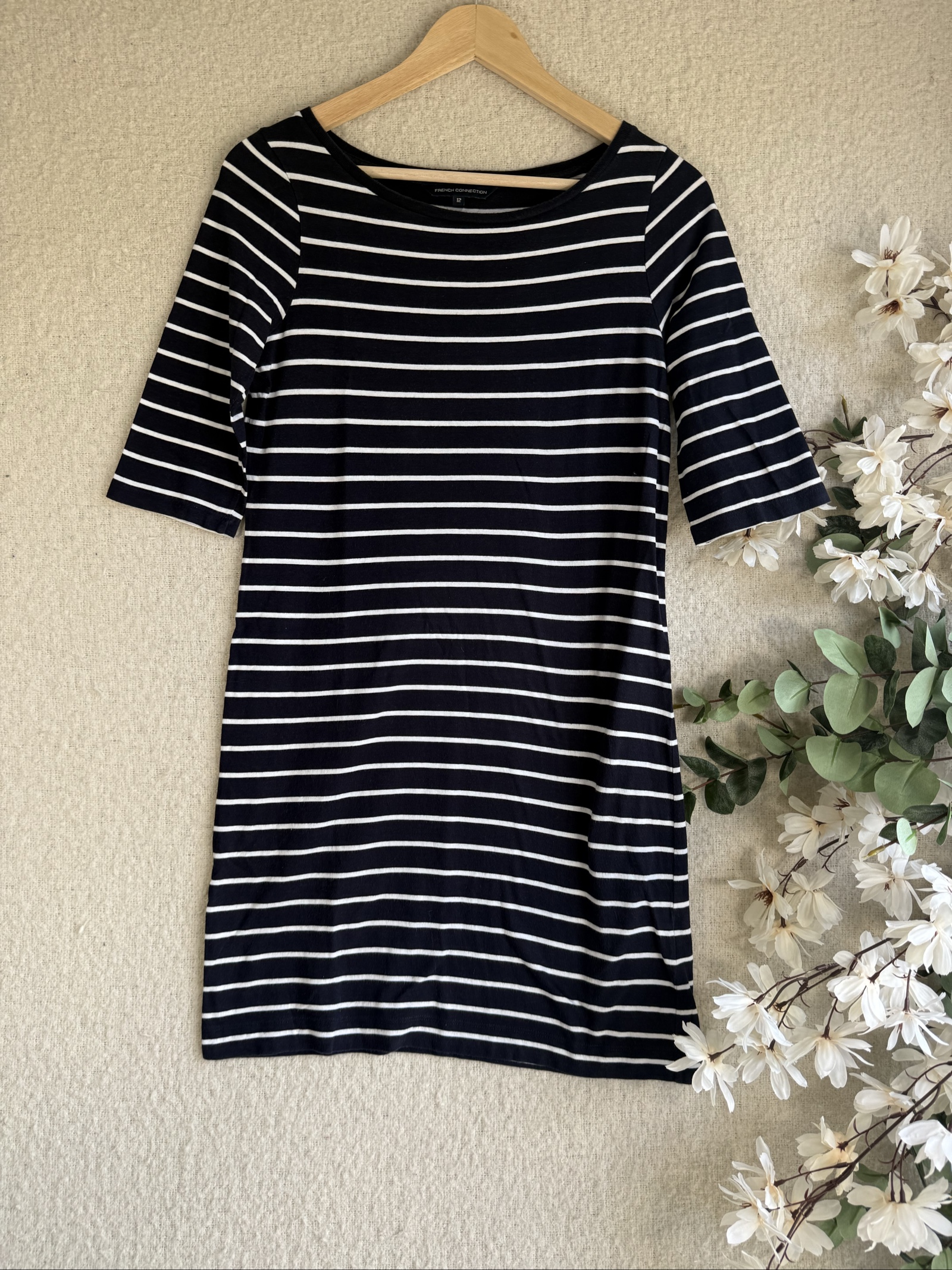 French Connection Navy & White Stripe Cotton Dress UK 12 Casual Classic Style