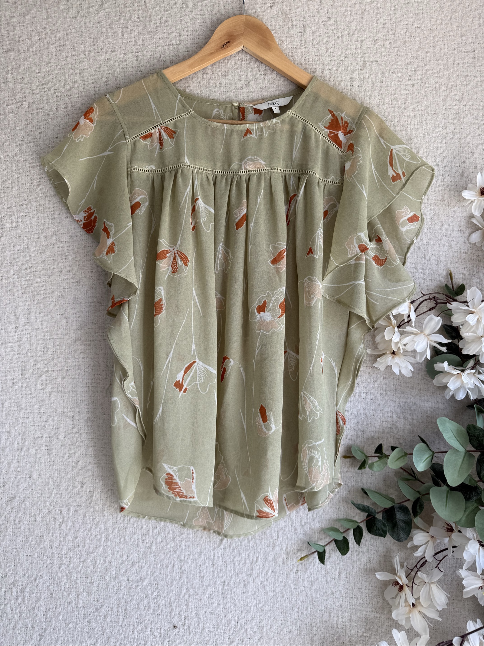Next Olive Green Floral Print Flutter Sleeve Blouse UK 8 Lightweight Stylish