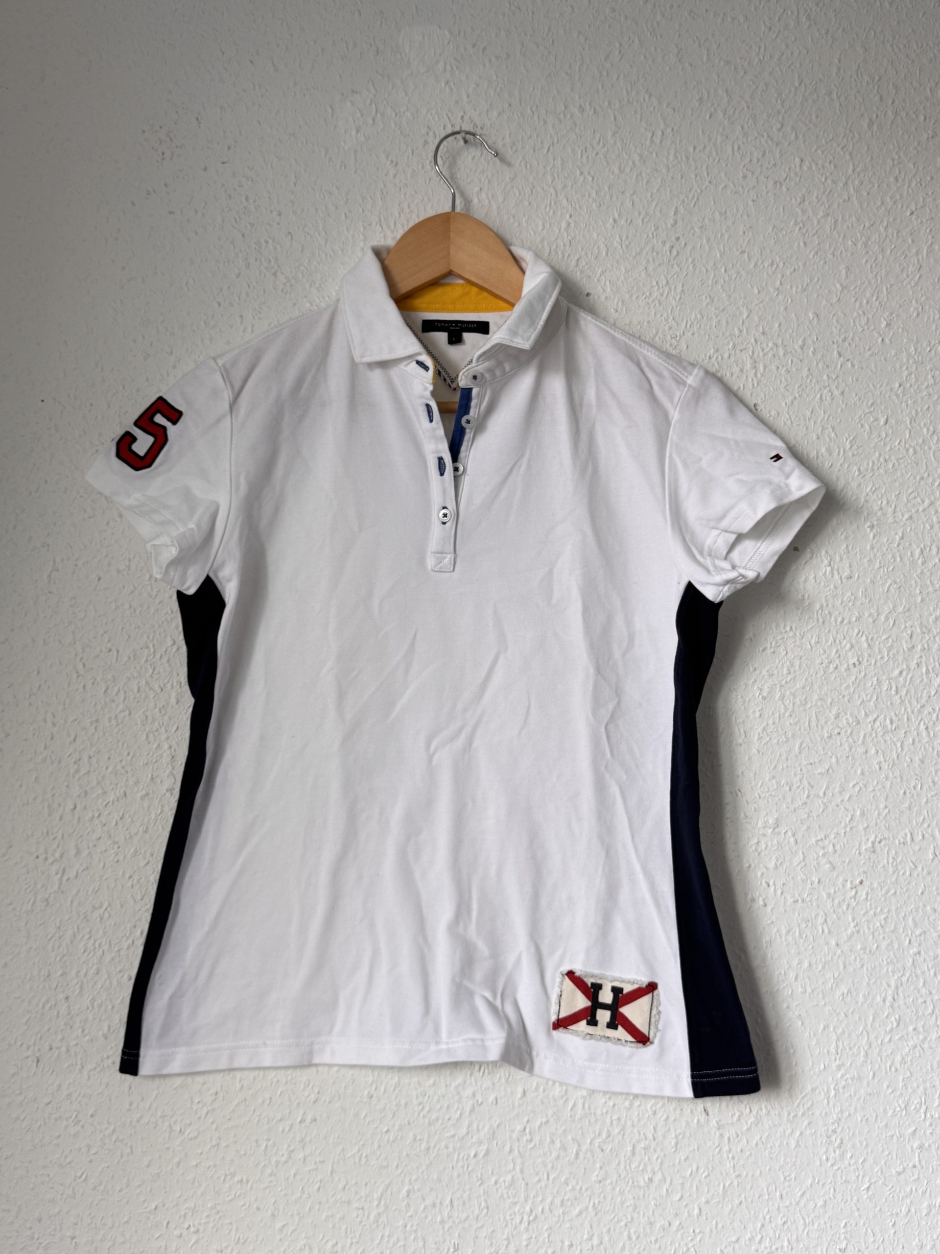 Tommy Hilfiger White & Navy Polo Shirt Size L 85 Patch 2911