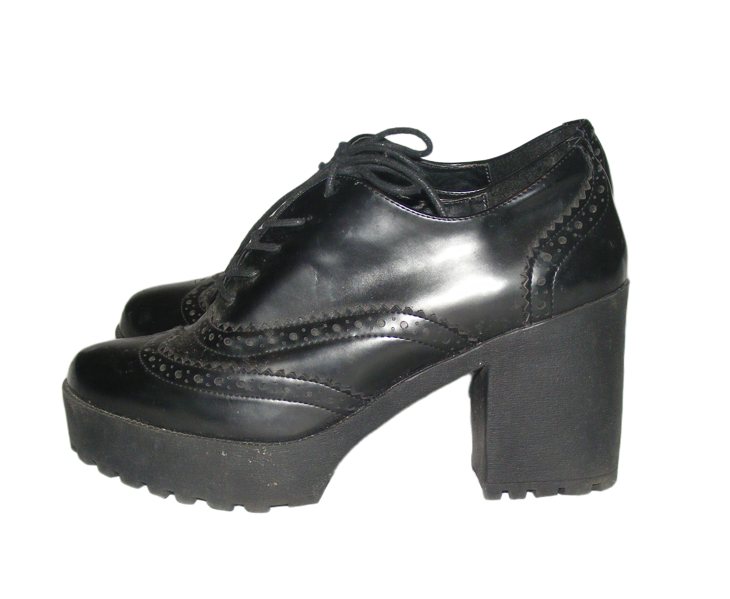 River Island platform brogue shoes size 8 lace up high chunky heel black faux leather image 3