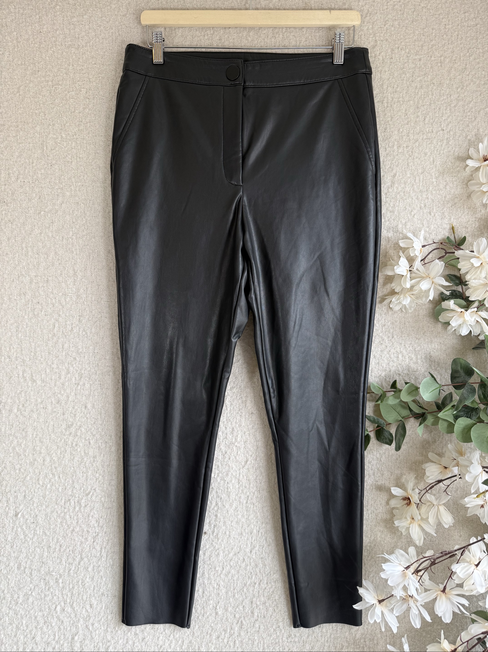 F&F Black Faux Leather Slim Fit Trousers UK 14 Classic Style Pants