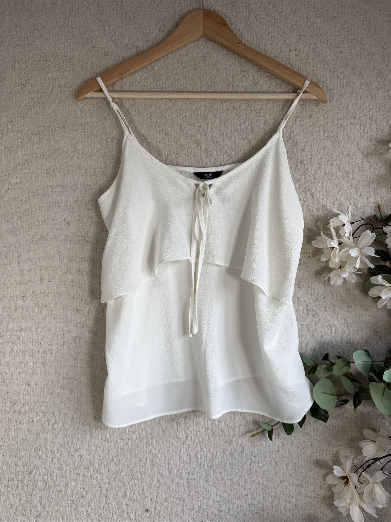 F&F White Spaghetti Strap Summer Cami Top UK 14 Chiffon Tie Front Layered
