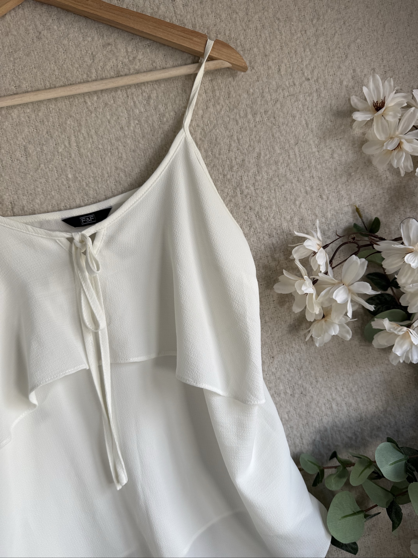 F&F White Spaghetti Strap Summer Cami Top UK 14 Chiffon Tie Front Layered image 2