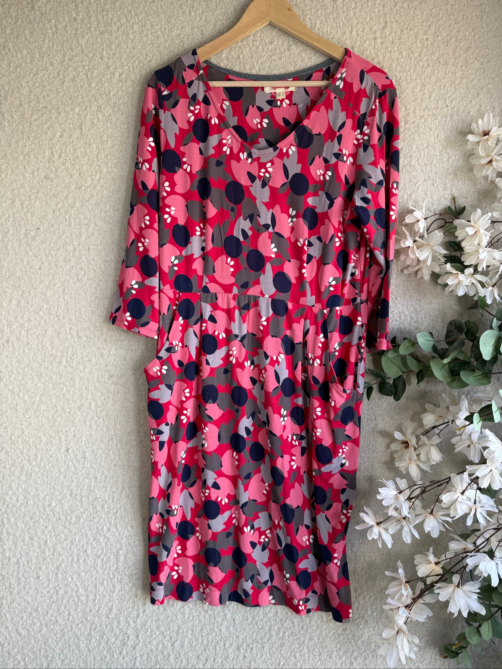 Unbranded Pink Grey Navy Floral Print Dress UK 16 Relaxed Fit Pockets