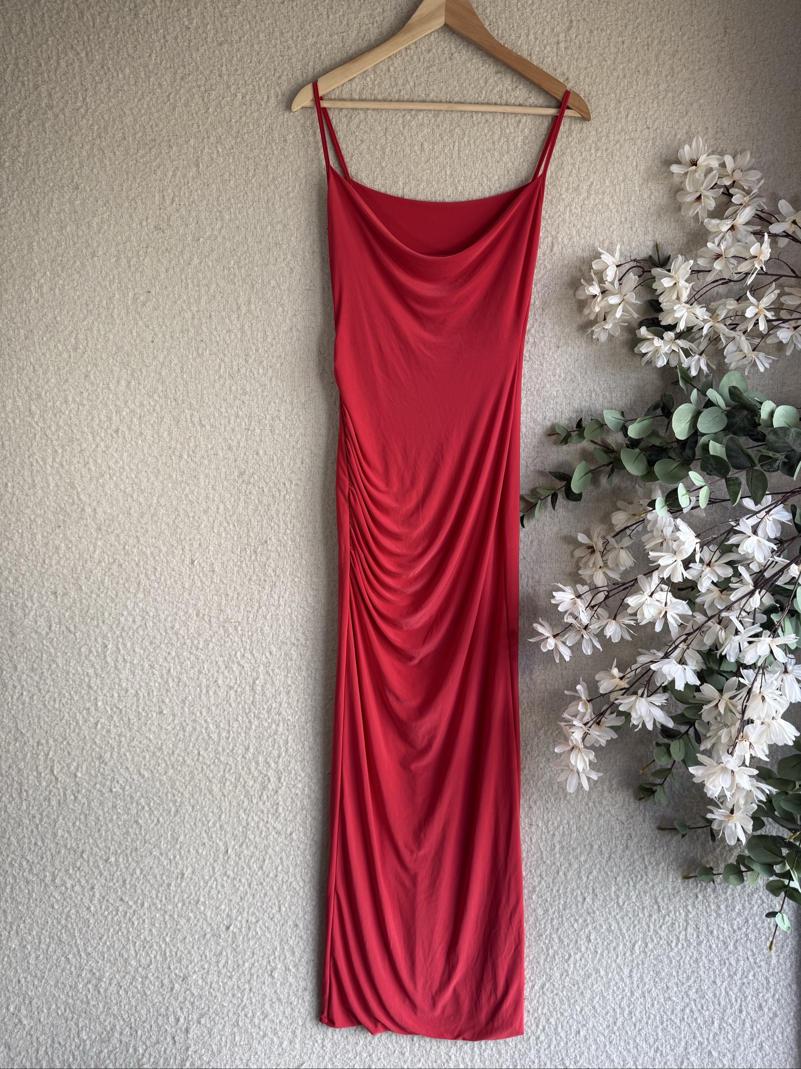NA-KD Red Ruched Cowl Neck Strappy Dress UK Small Elegant Evening Party