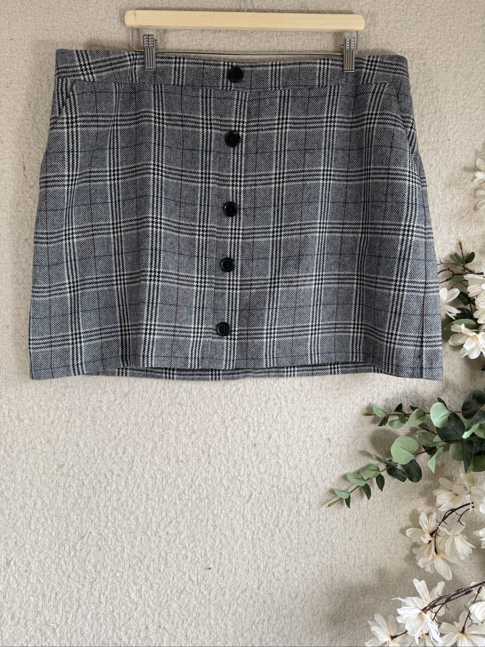 M&S Collection Grey Checked Button Front Mini Skirt UK 22 Classic Plaid Style