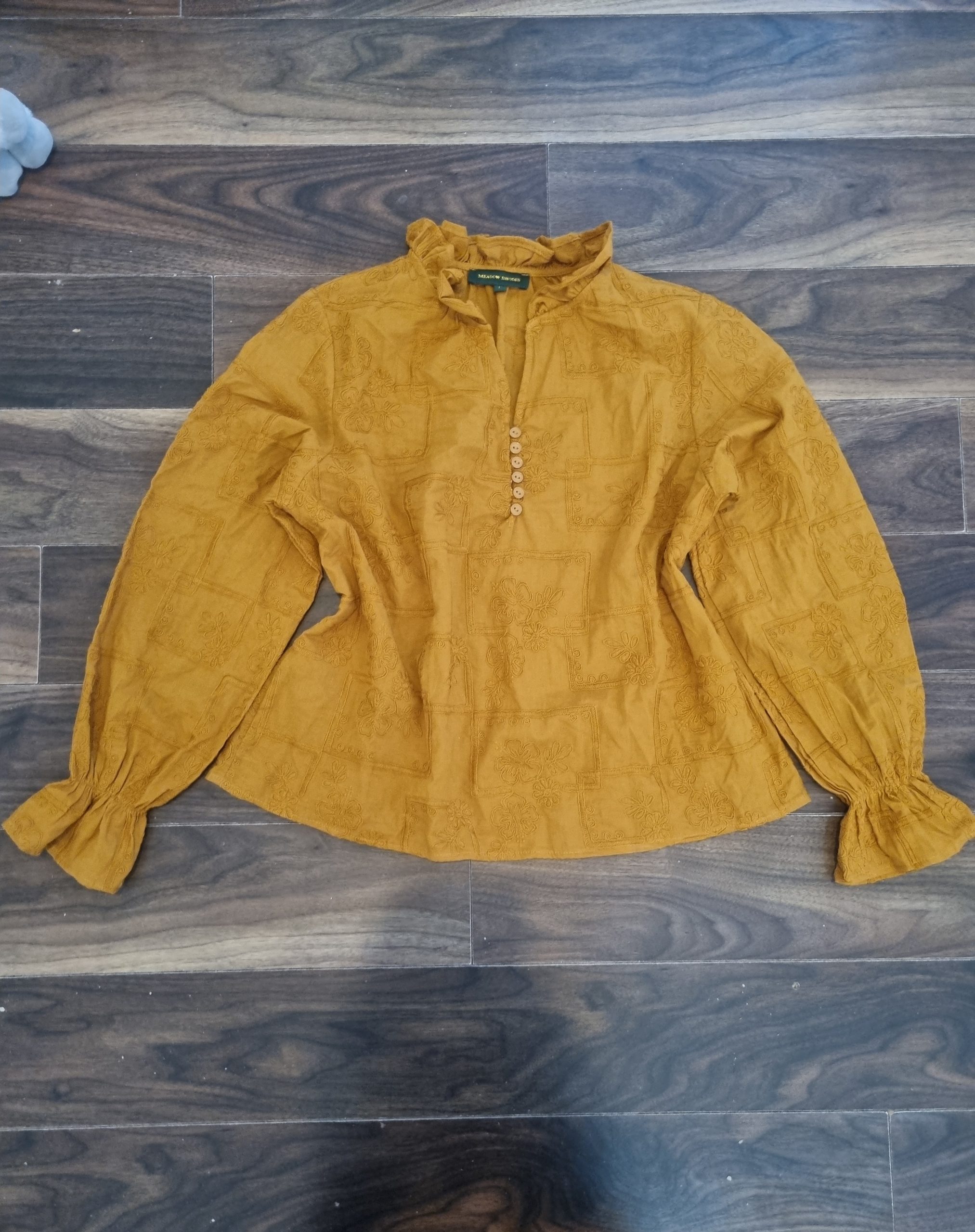 Meadow Rhodes Mustard Yellow Embroidered Blouse Large Ruffle Neck